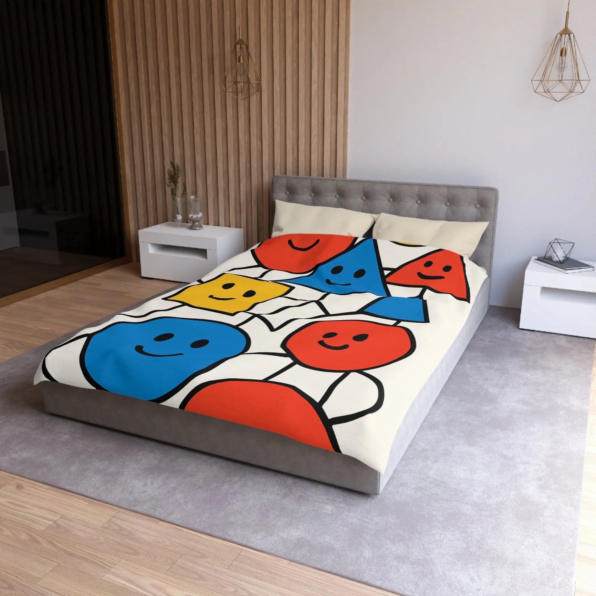 Housse de couette colorée avec formes géométriques amusantes et visages souriants pour enfants