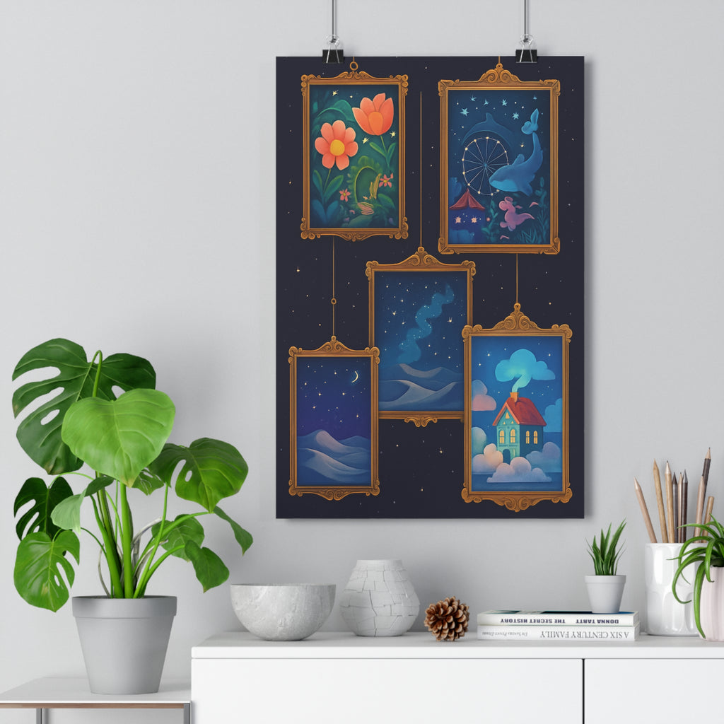 Poster décoratif surréaliste coloré onirique mystique chambre salon fleurs étoiles qualité cadre unique qualité