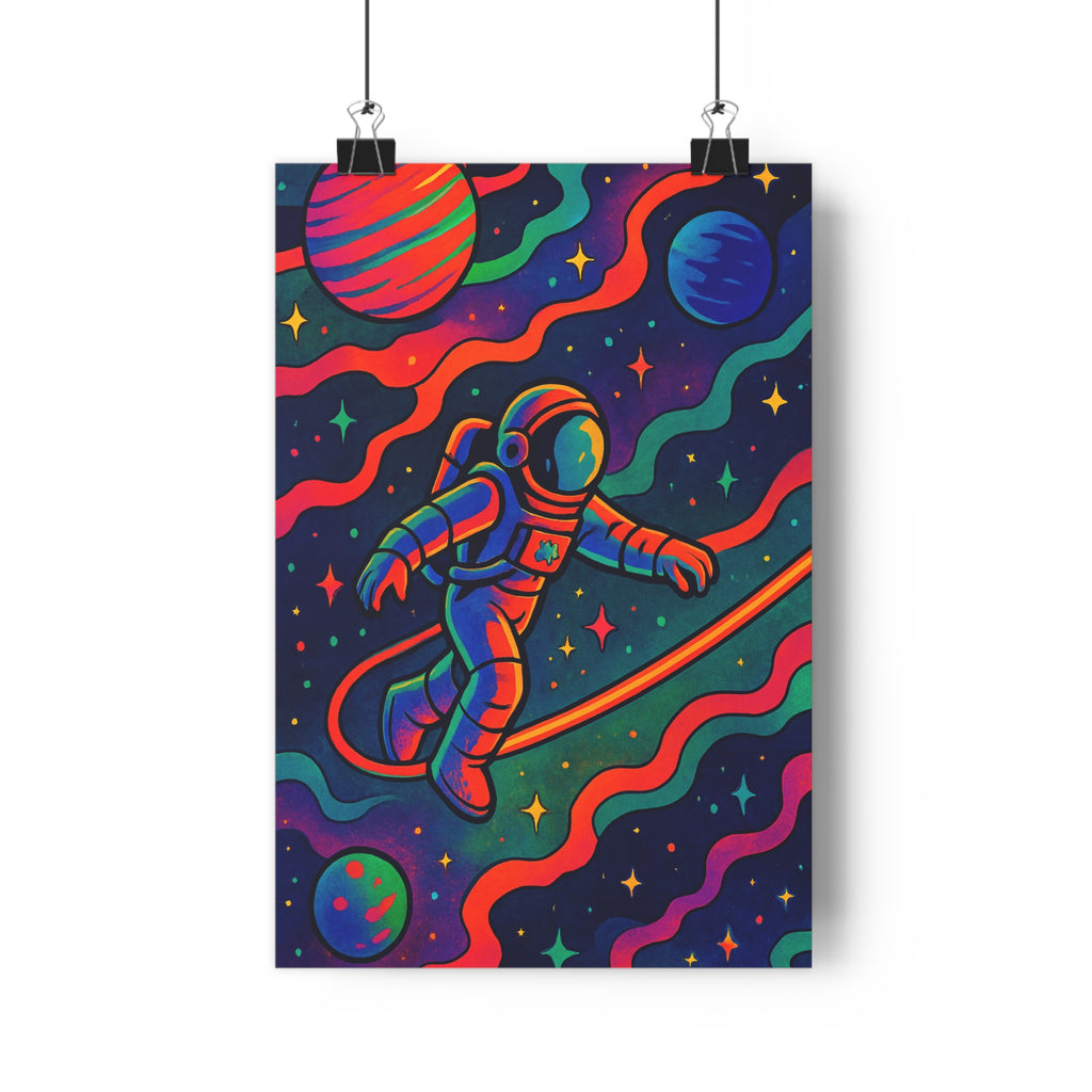 Poster décoratif espace astronaute couleurs psychédéliques rouge bleu vert salon moderne ambiance rêveuse qualité