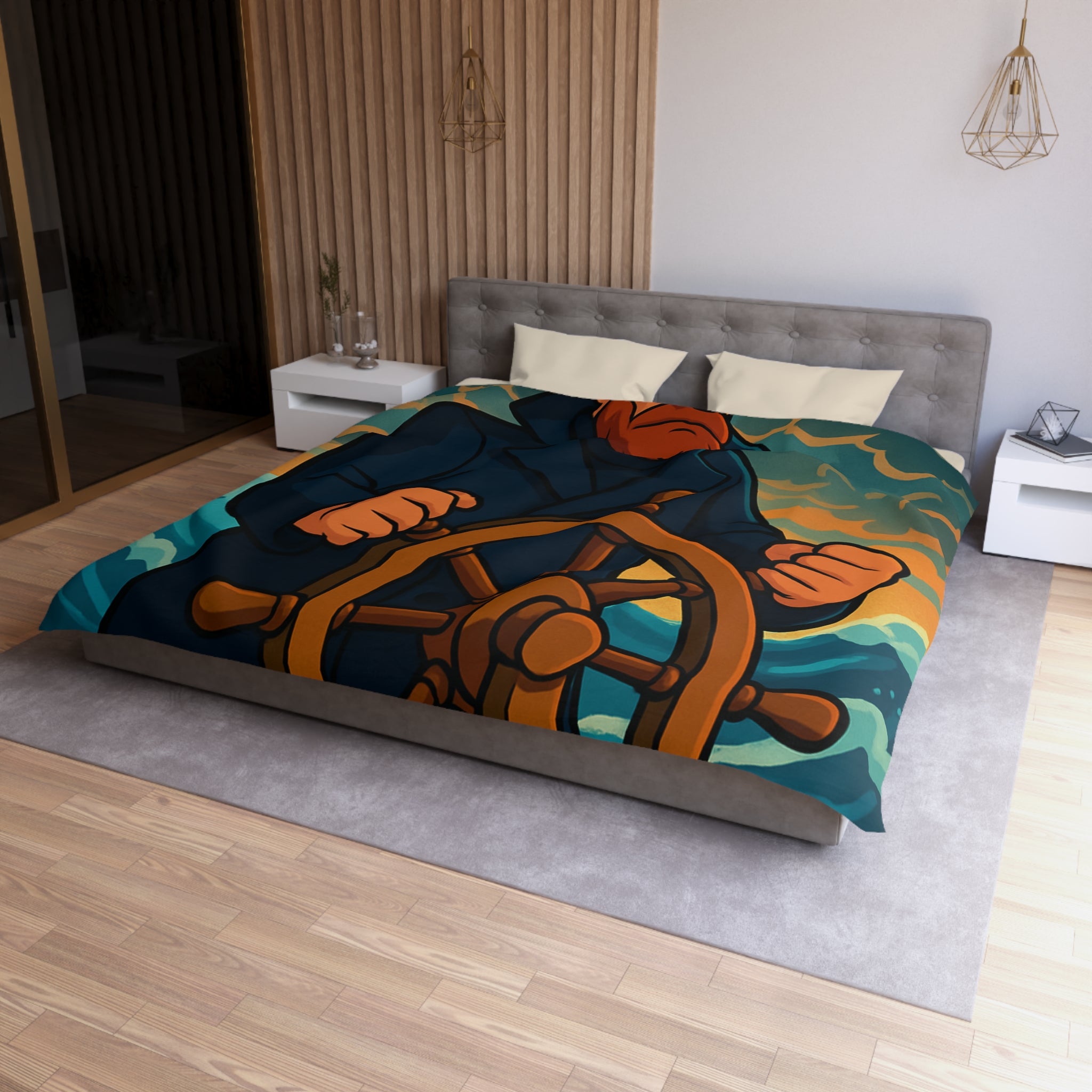 Housse de couette motif marin : capitaine courageux naviguant tempête en mer déchaînée