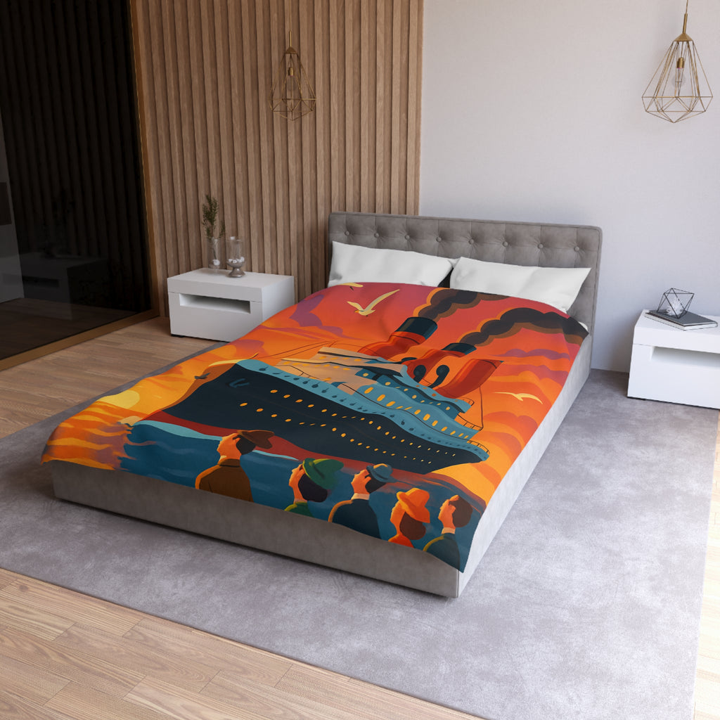 Superbe housse de couette avec paquebot vintage sous un coucher de soleil flamboyant