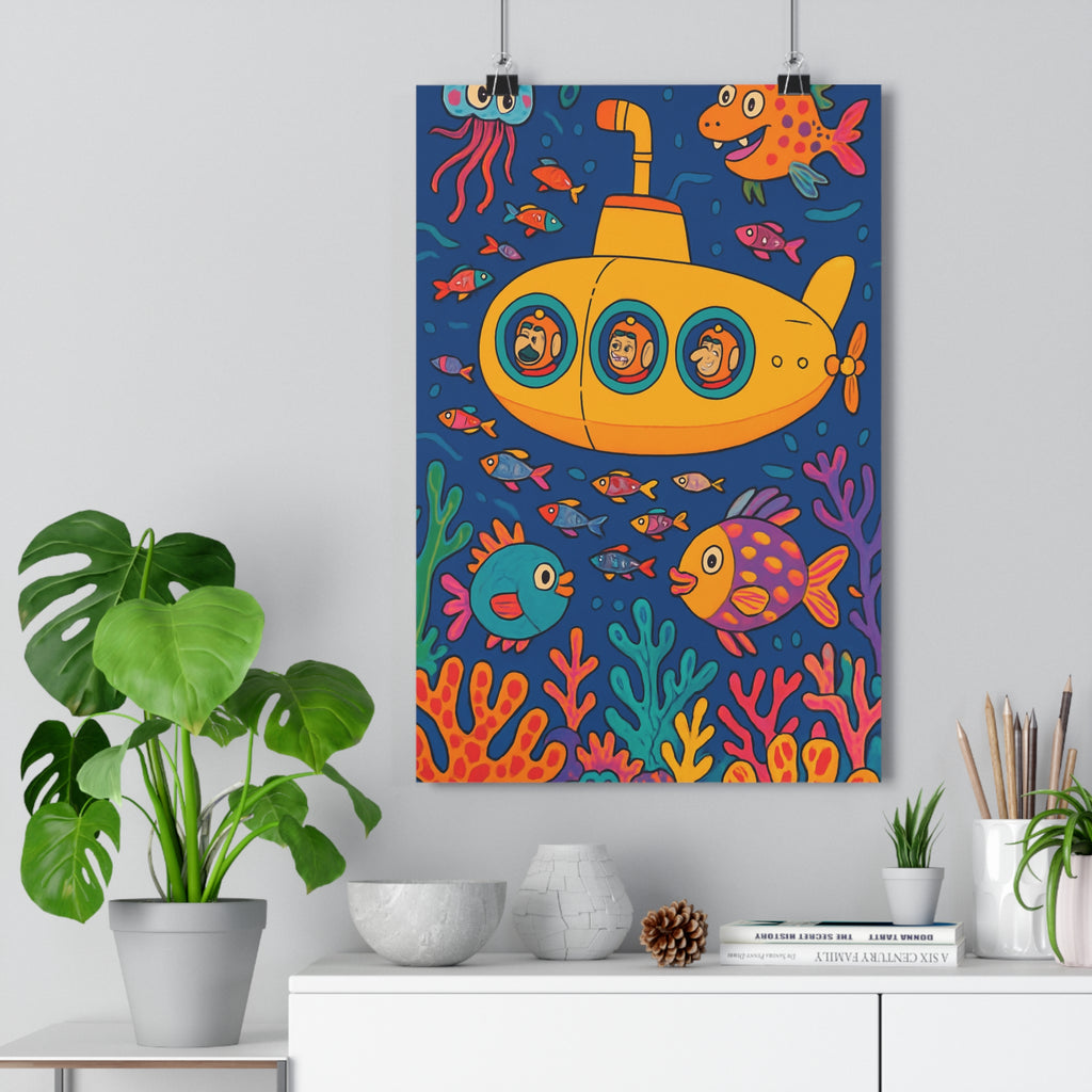 Poster décoratif vibrant coloré bleu orange rose joyeux fantaisiste chambre enfant sousmarin aventure multicolore