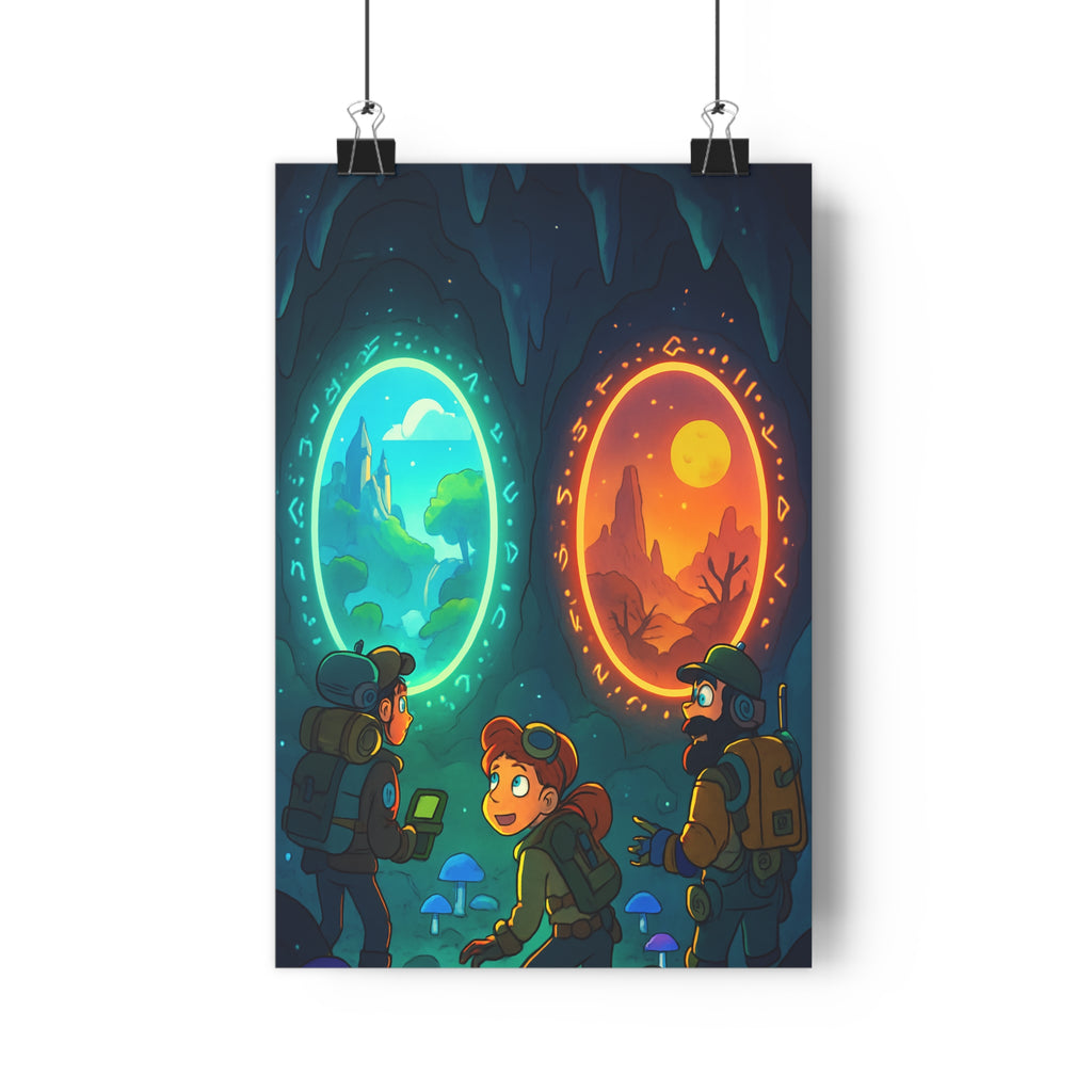 Poster décoratif aventure mystique bleu orange cartoon explorateur chambre salon vibrant dimension fantasque unique