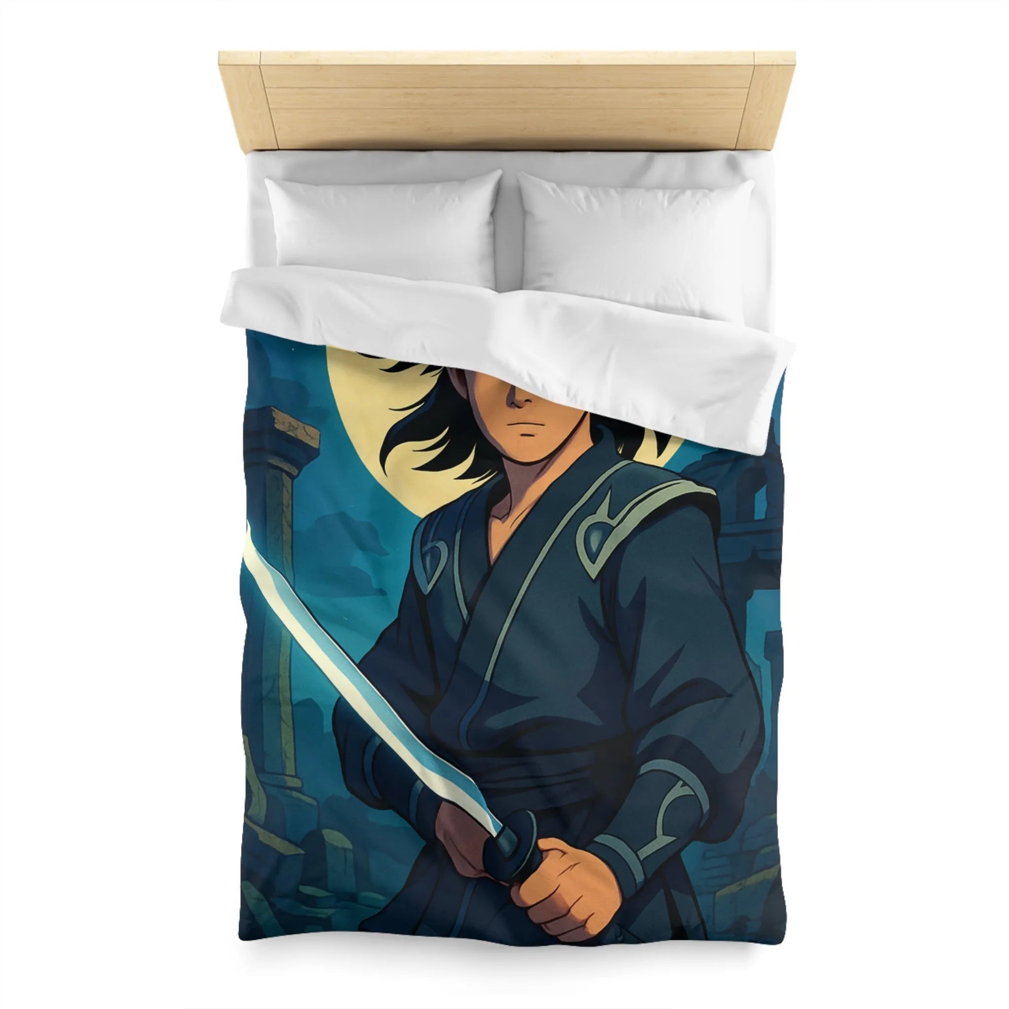 Housse de couette épique avec guerrier anime sous lune mystique et ruines anciennes