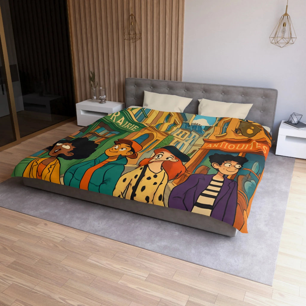 Housse de couette élégante avec design de rue parisienne animée et jeunes explorateurs