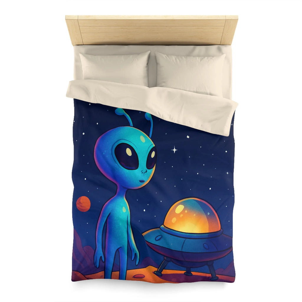 Housse de couette avec motif adorable de petit extraterrestre bleu et soucoupe volante