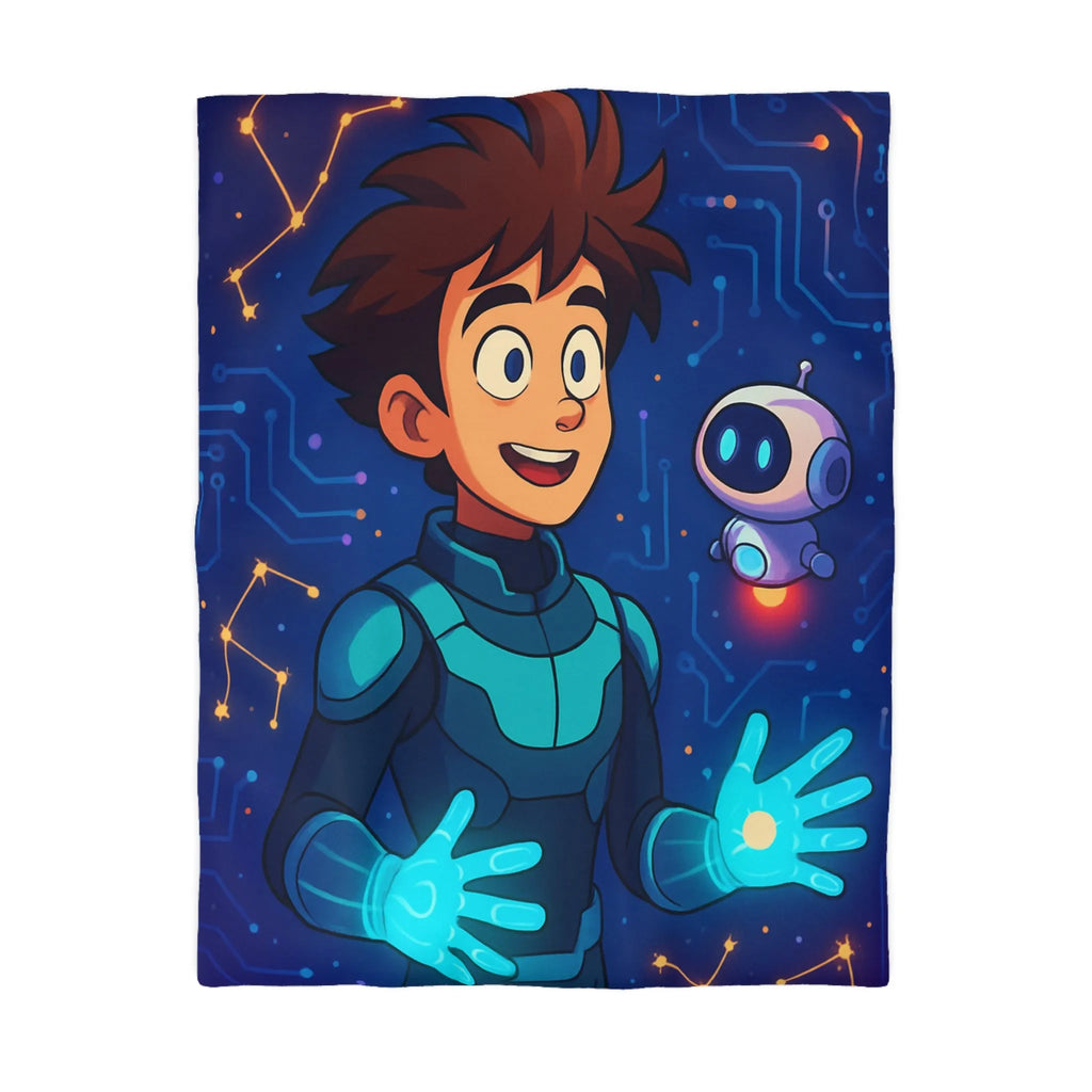 Housse de couette futuriste avec jeune héros et robot dans espace numérique éclatant