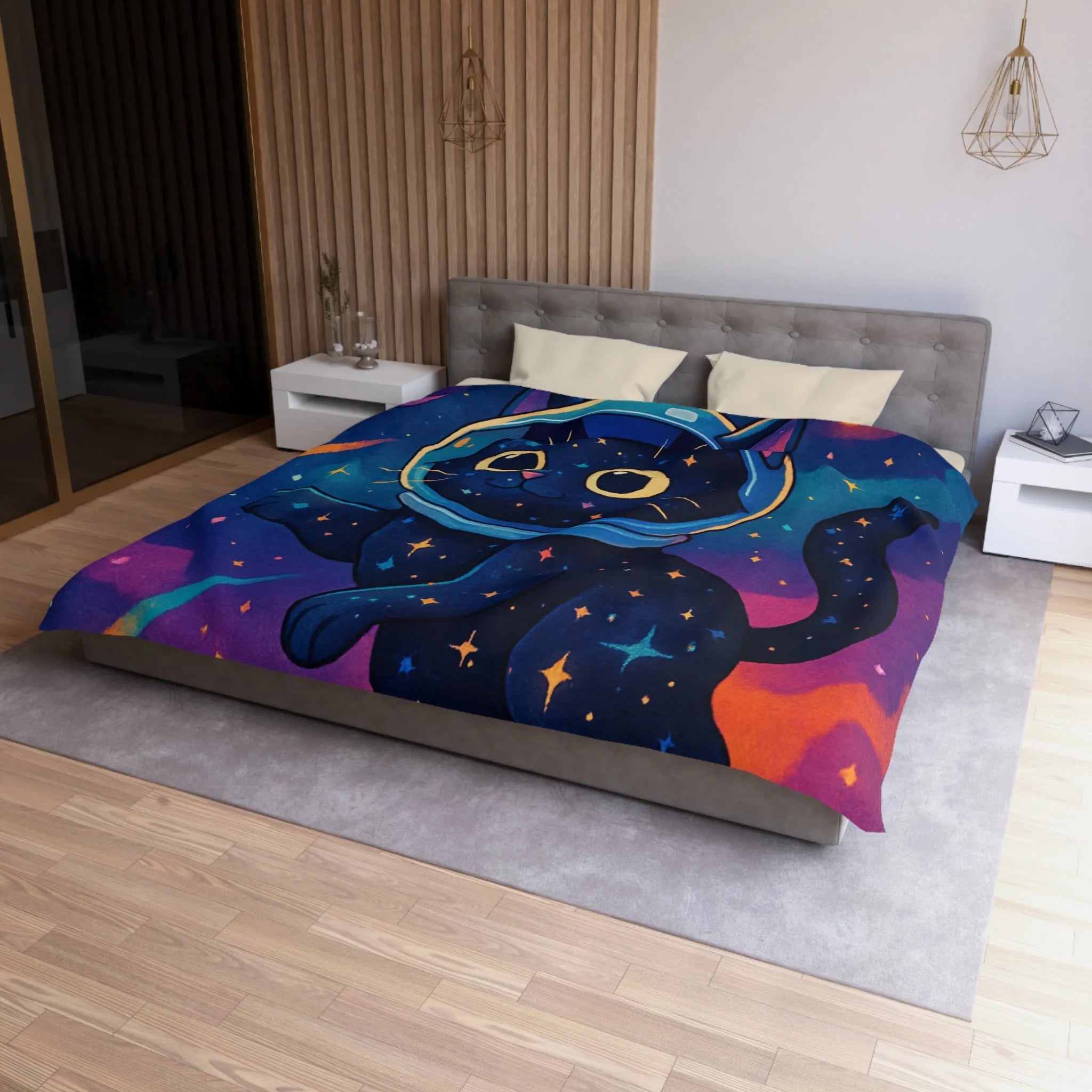 Housse de couette chat cosmique dans l’espace avec étoiles et planètes colorées