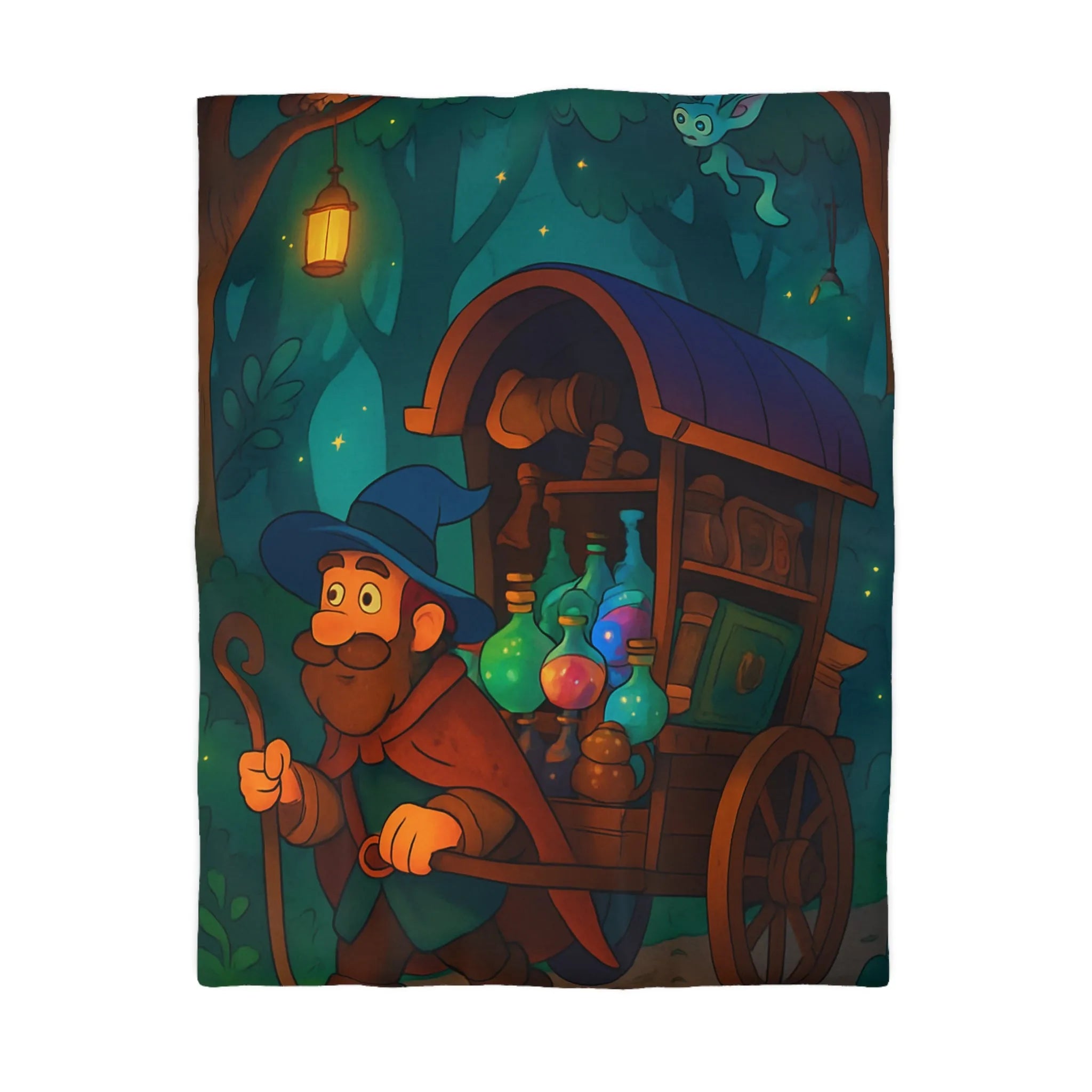 Housse de couette enchantée avec chariot de potions et créatures fantastiques
