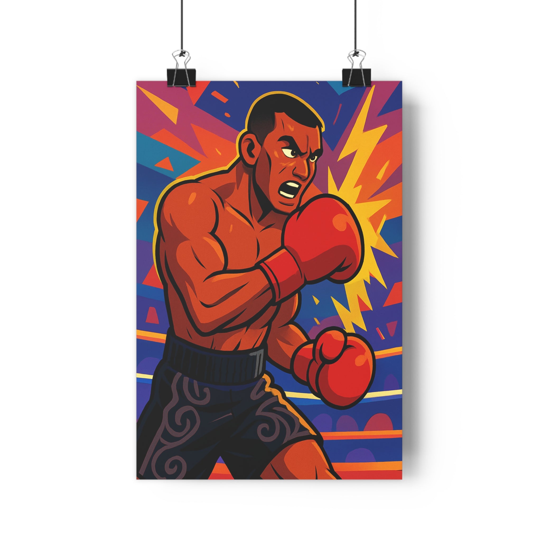 Poster décoratif cartoon boxeur rouge bleu jaune dynamique énergique chambre salon enfant moderne vibrant