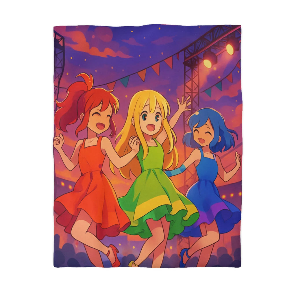 Housse de Couette Colorée avec Trois Amies Dansant sur une Scène Éclairée de Nuit