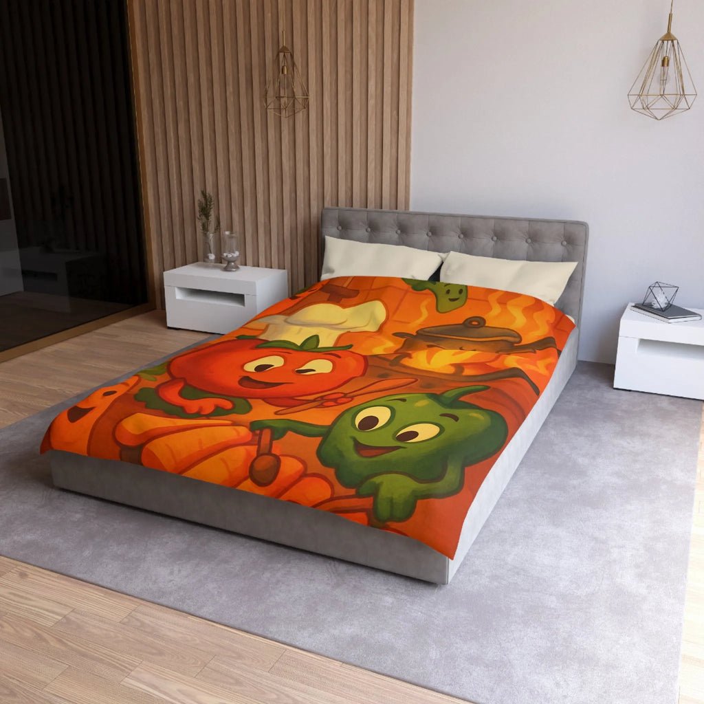 Housse de couette illustrée avec légumes adorables jouant dans une cuisine animée orangée