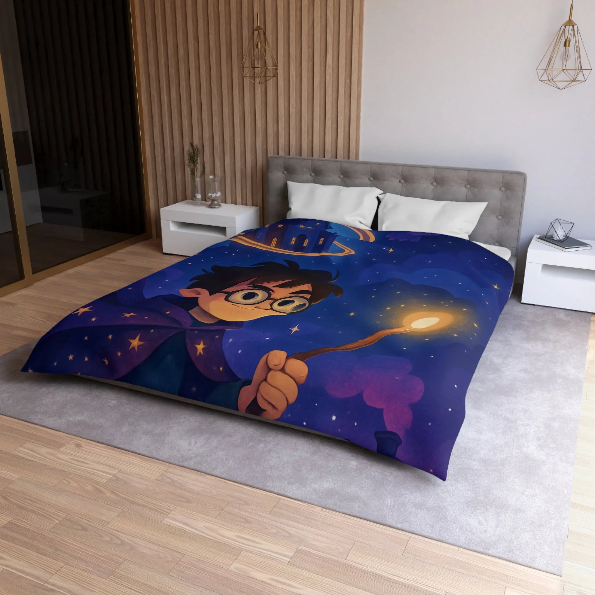 Housse de couette magique bleu nuit avec château, hibou et train enchanté