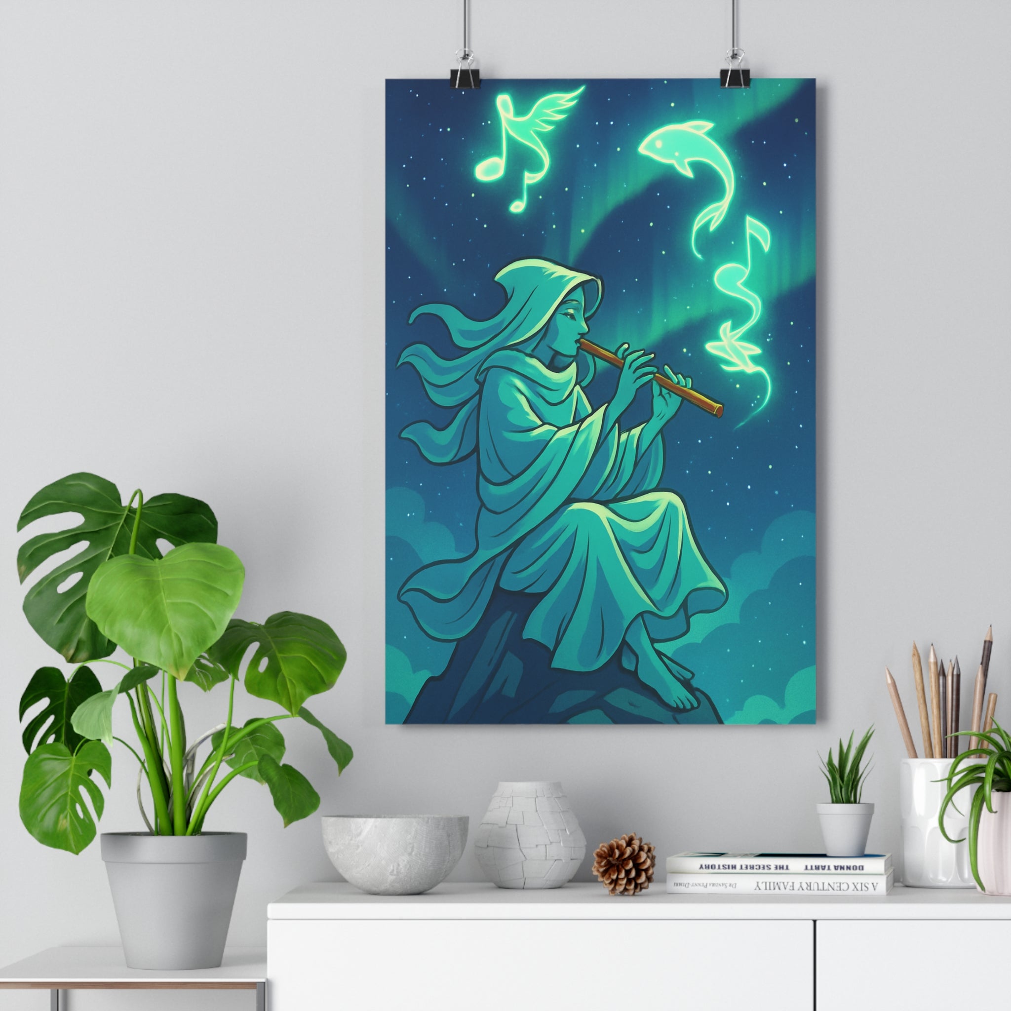 Poster décoratif mystique anime bleu vert salon chambre sérénité élégance musique artistique flûte étoiles