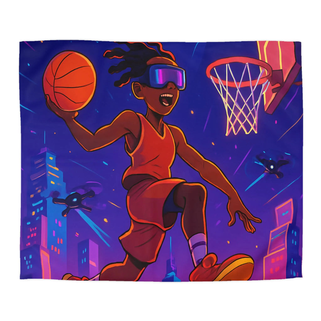 Housse de couette colorée avec joueur de basket futuriste volant avec drones cabine urbaine