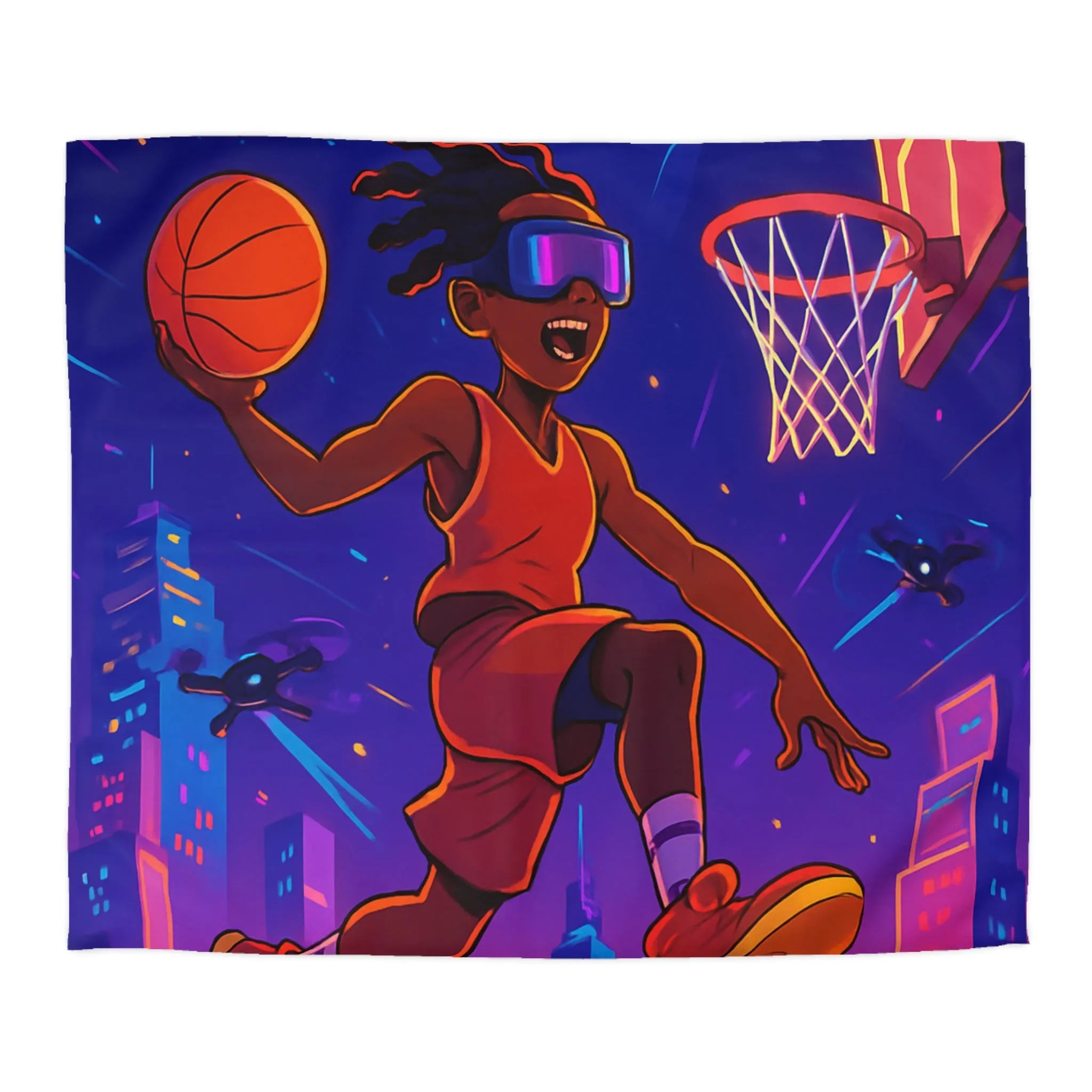 Housse de couette colorée avec joueur de basket futuriste volant avec drones cabine urbaine