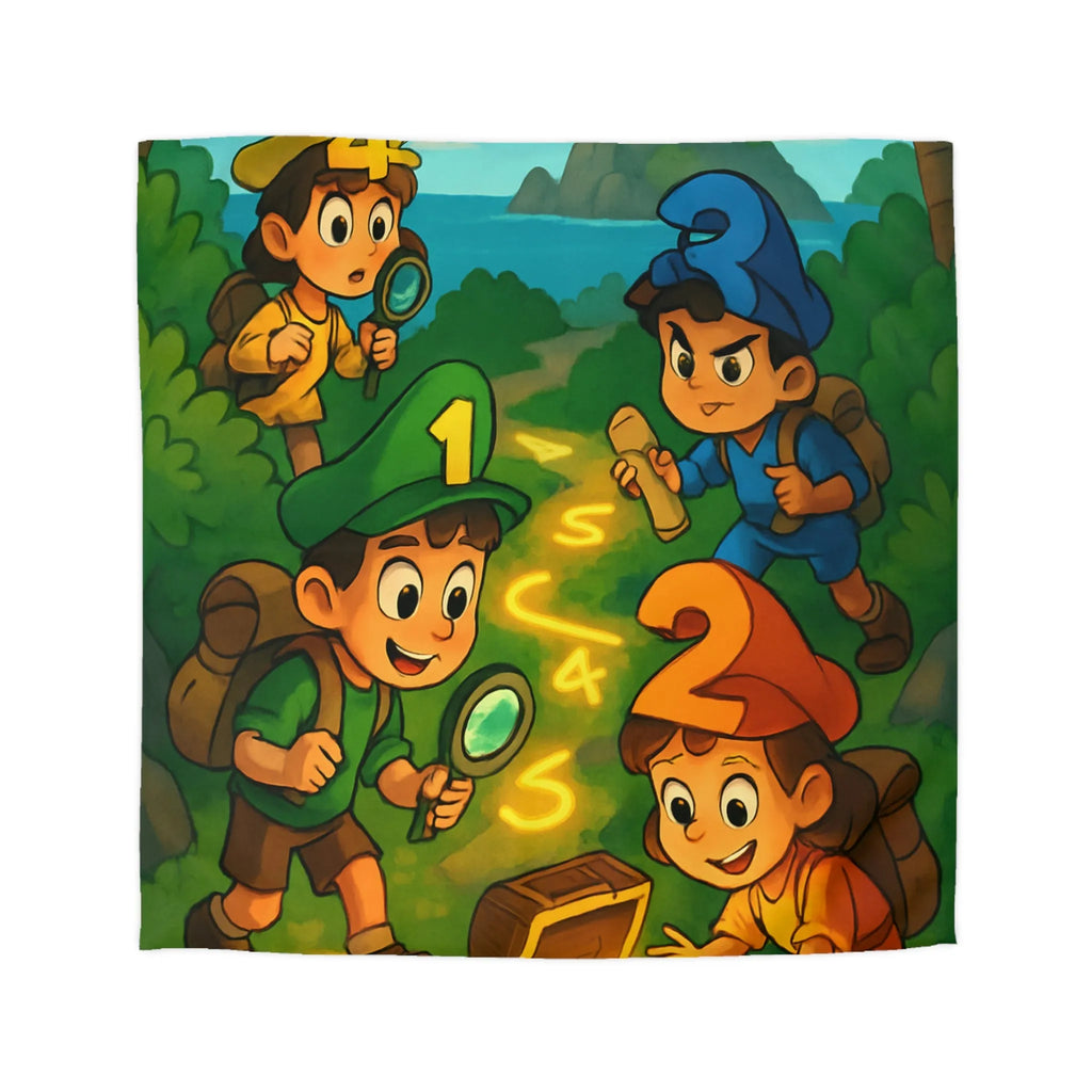 Housse de couette aventure enfants, chasse au trésor avec île et personnages joyeux