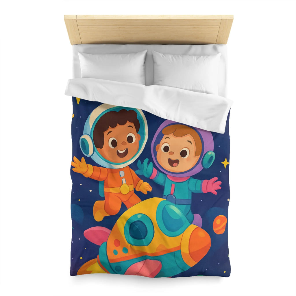 Couette Enfantine Cosmos : Enfants en Vaisseau Spatial avec Planètes et Étoiles Colorées