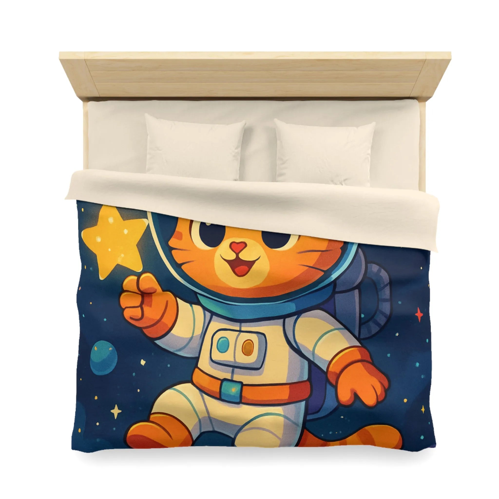 Housse de Couette avec Chat Astronaute et Étoiles dans Espace Coloré pour Enfants