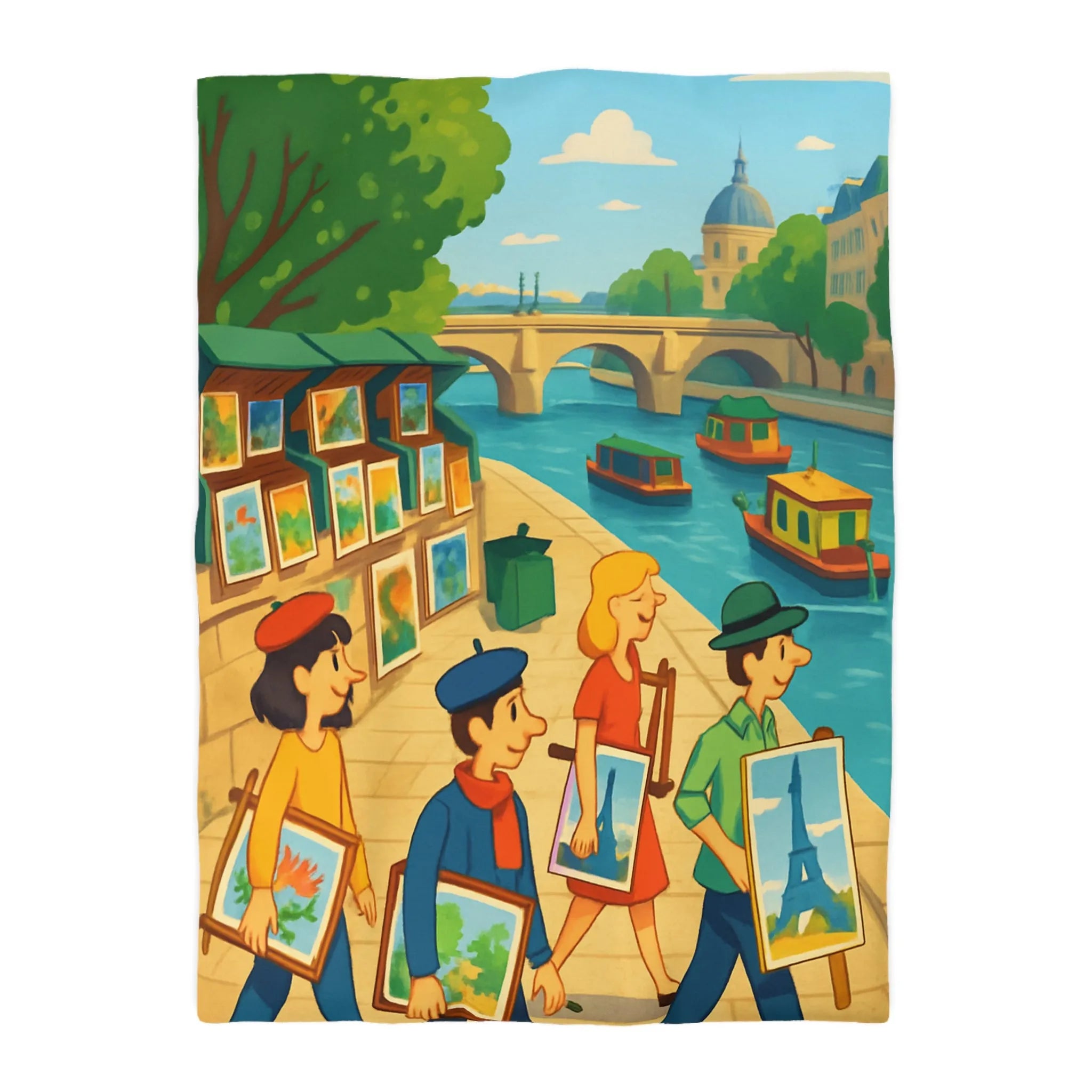 Housse de couette artistique thème parisien avec scènes de quai colorées et peintres joyeux