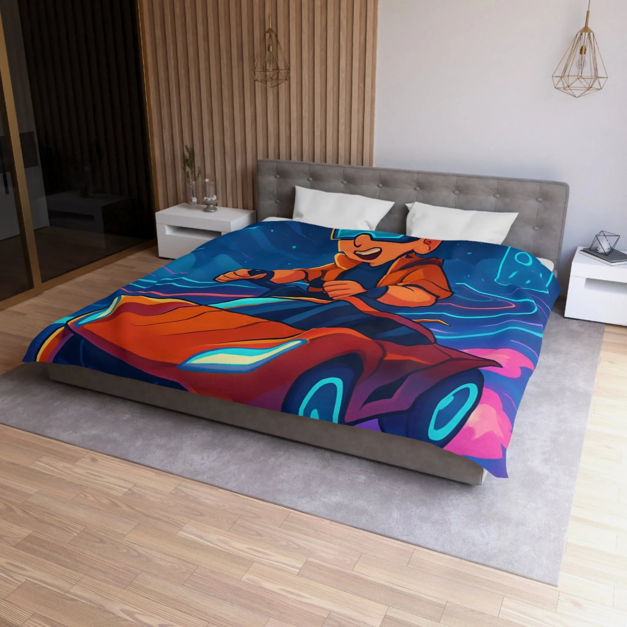 Housse de couette aventure virtuelle : joueur futuriste avec voiture de course dynamique et colorée