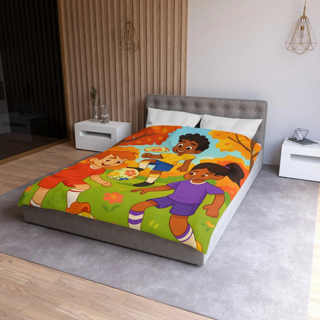 Housse de Couette Enfant Animée, Jeu de Ballon en Automne aux Couleurs Vives