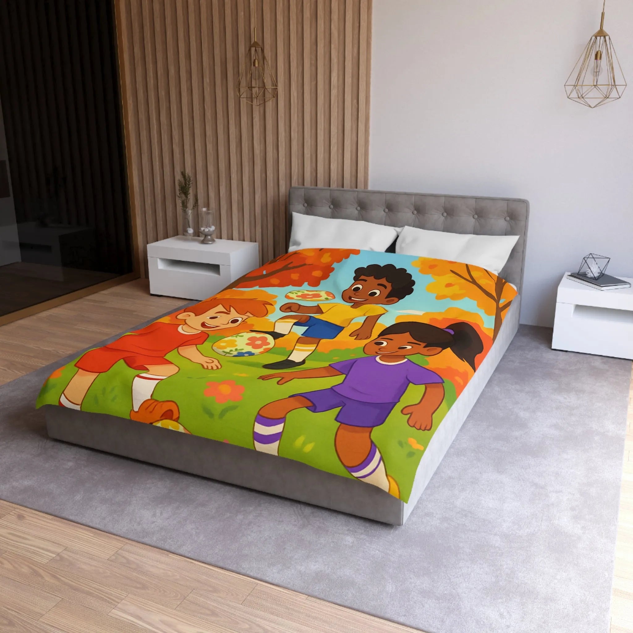 Housse de Couette Enfant Animée, Jeu de Ballon en Automne aux Couleurs Vives