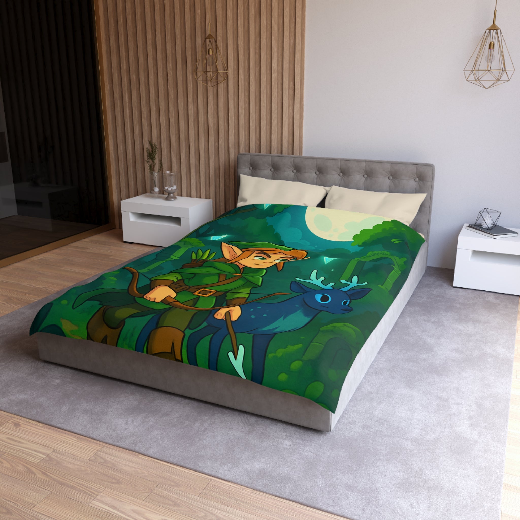 Magique forêt enchantée avec cerf bleu et archer sous pleine lune lumineuse