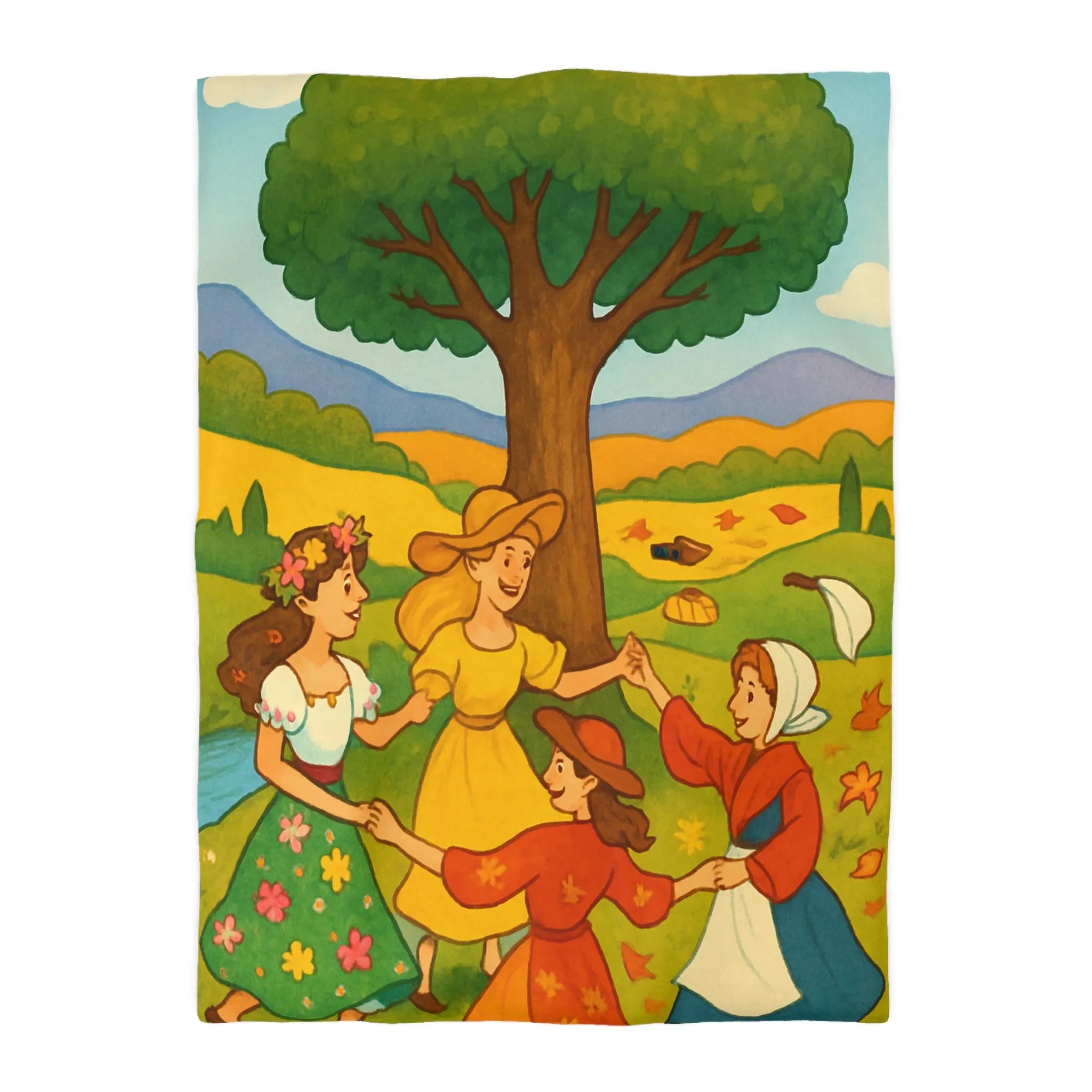 Housse de couette champêtre aux motifs de danseuses rondes et paysage bucolique coloré