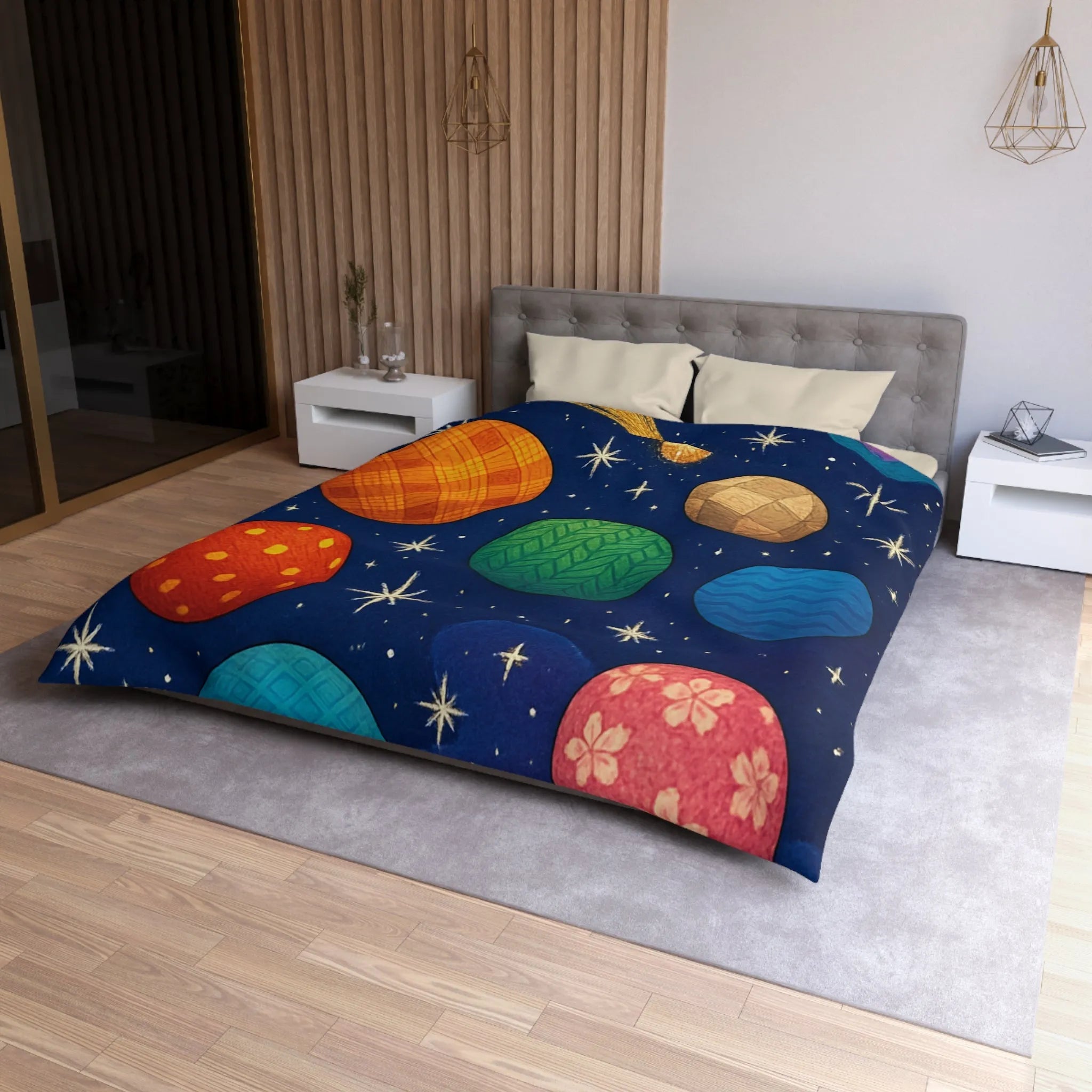 Housse de couette colorée avec planètes texturées, étoiles brillantes et nébuleuse mystique