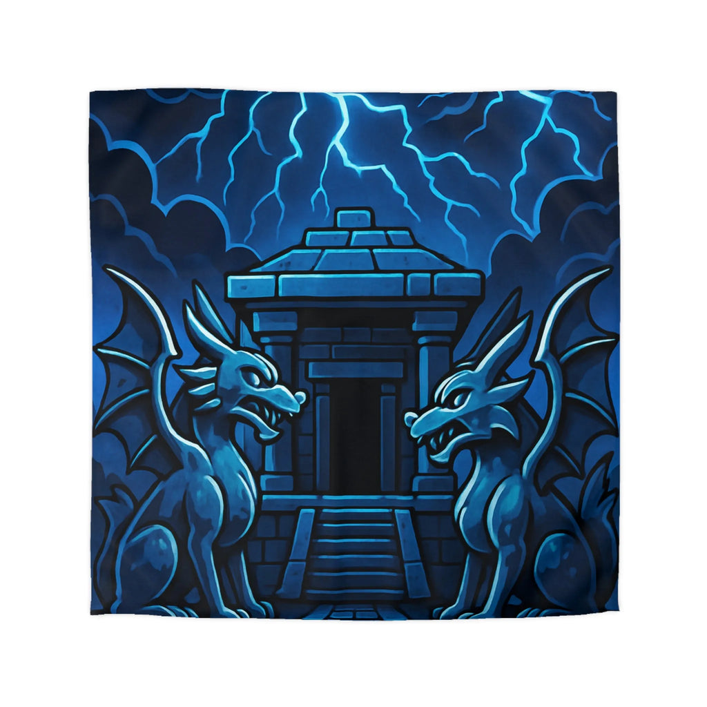 Housse de Couette Dragon Fantastique avec Temple Mystique sous Orage Nocturne en Sécurité