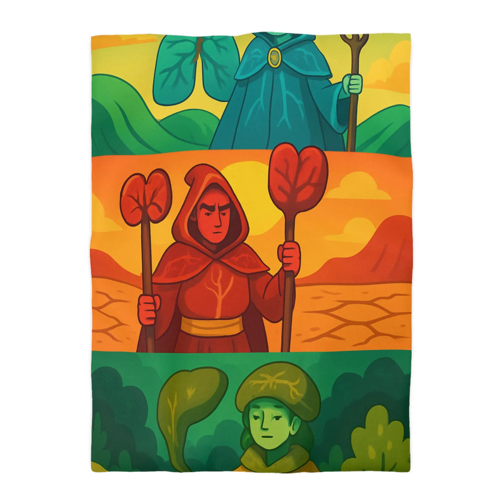 Housse de couette colorée avec trois mages, nature et paysages stylisés, ambiance apaisante