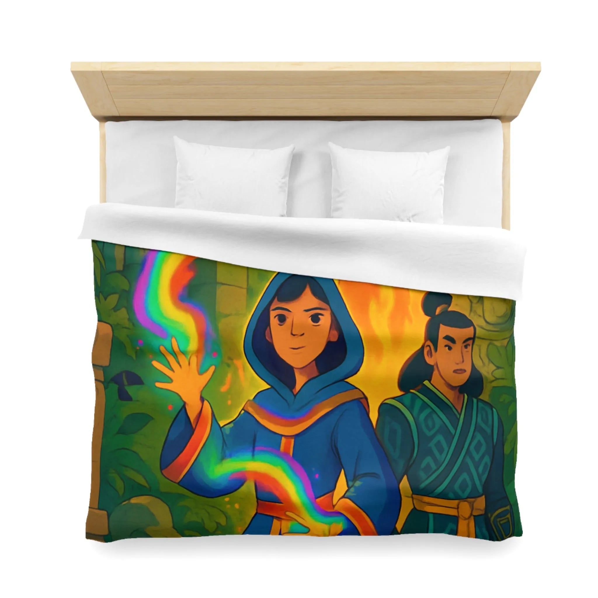 Housse de couette magique colorée : aventure mystique avec personnages énigmatiques et feu flamboyant