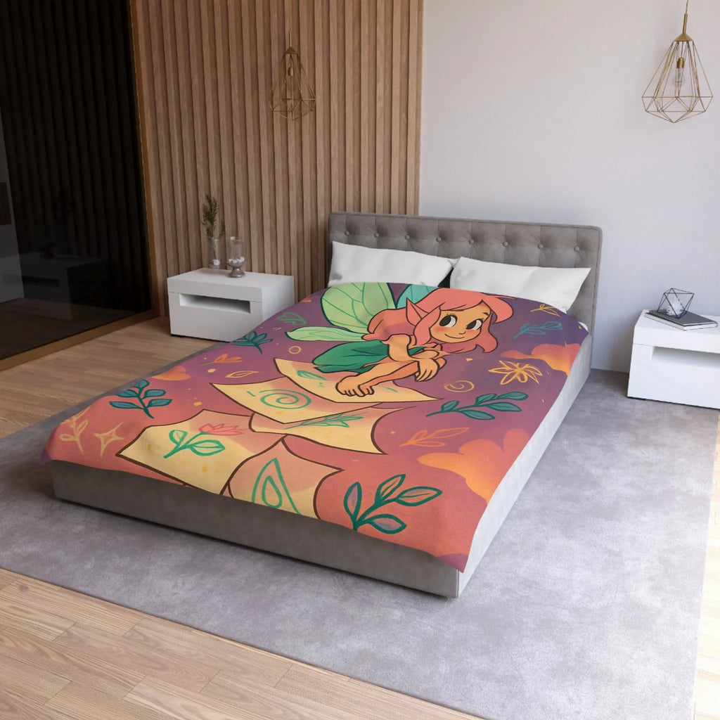 Housse de couette féerique avec fée aux ailes vertes et motifs floraux enchanteurs