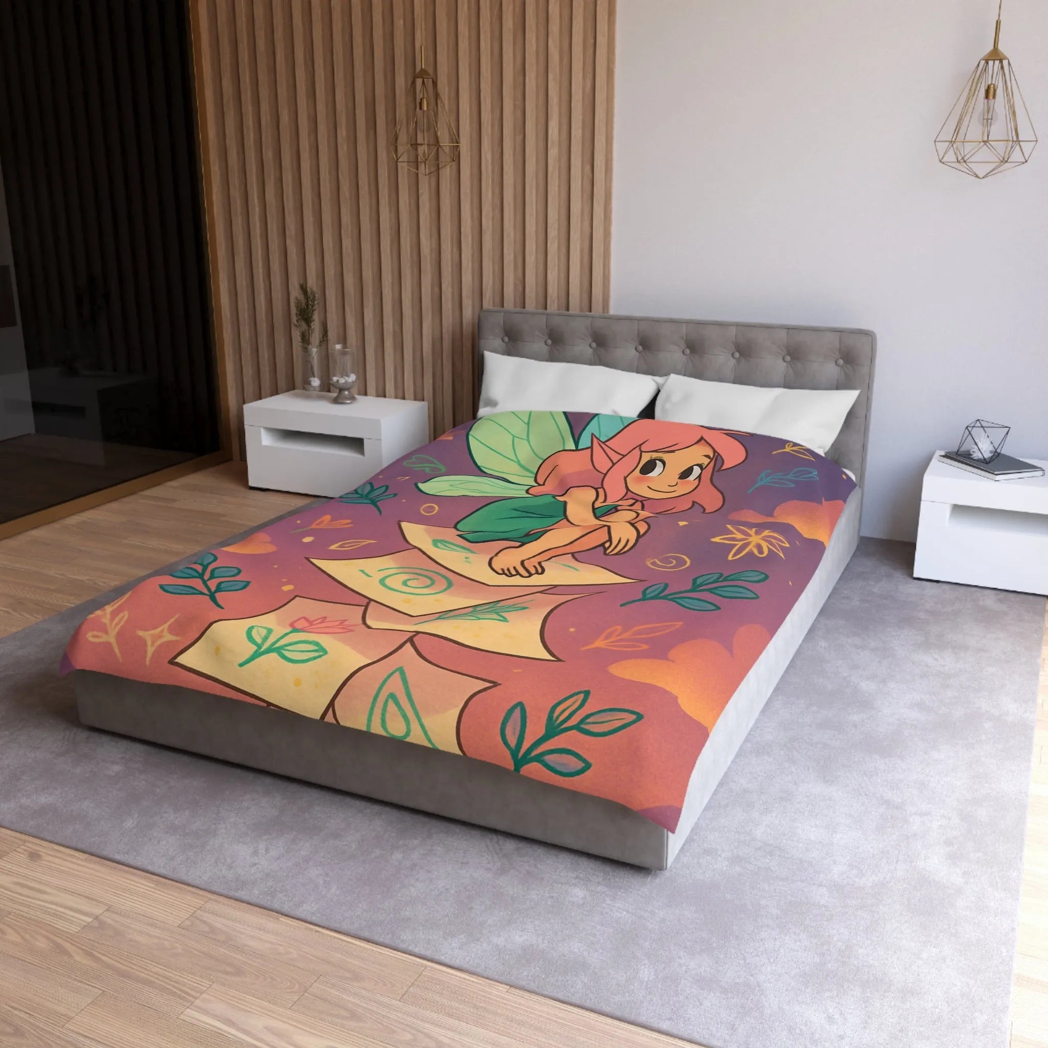 Housse de couette féerique avec fée aux ailes vertes et motifs floraux enchanteurs