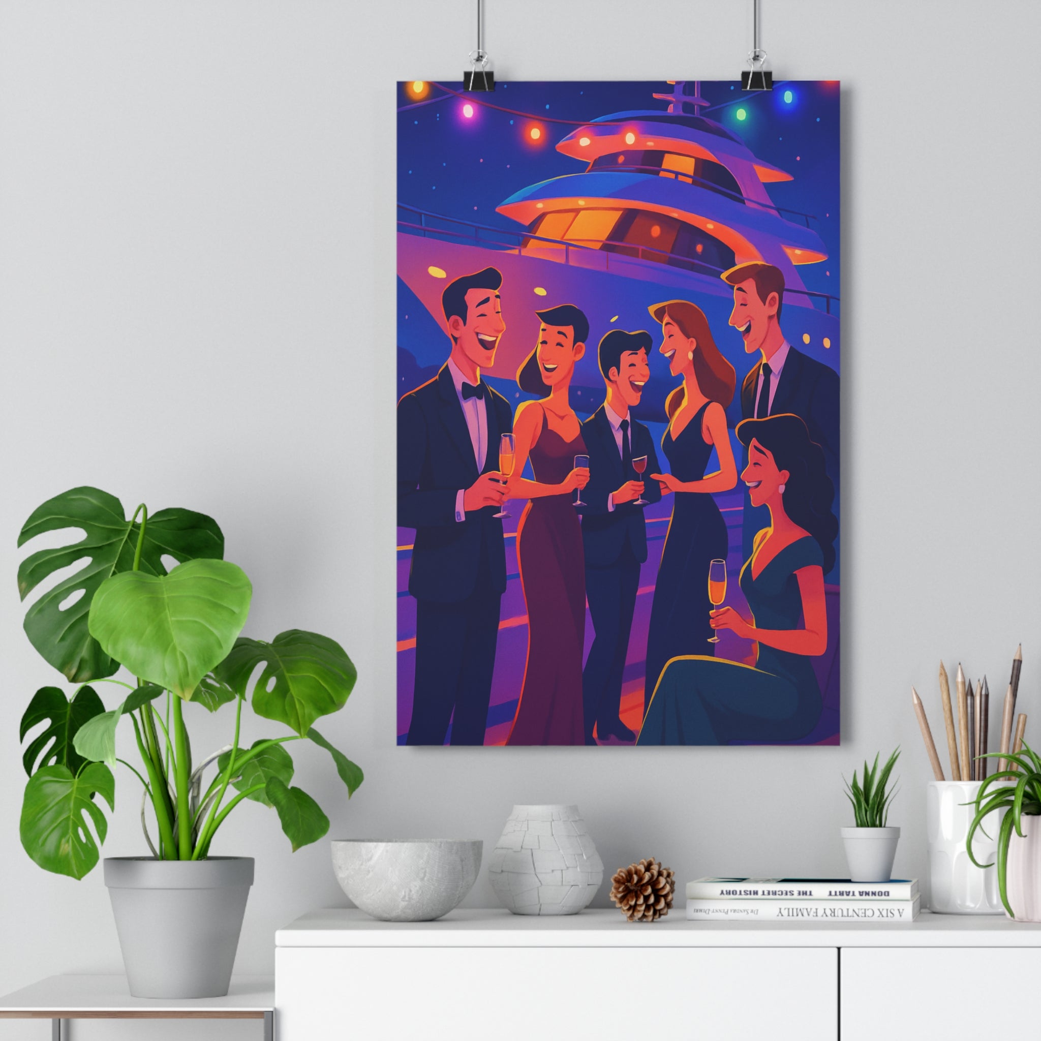 Poster décoratif cartoon bleu orange violet salon contemporain élégant joyeux intérieur tendance yacht ambiance