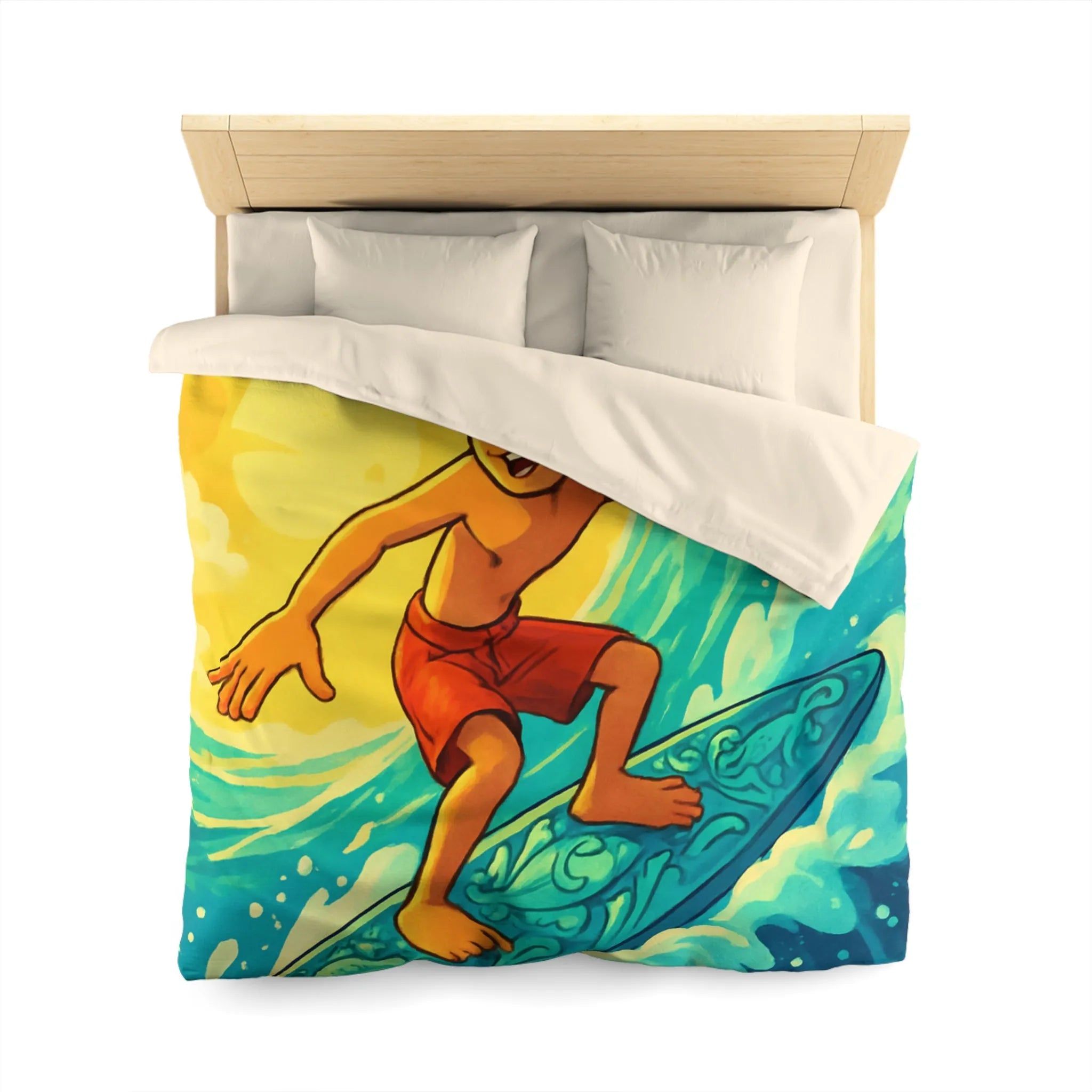 Enfant vibrant surfe sur vague turquoise sous ciel jaune vif artistique et joyeux