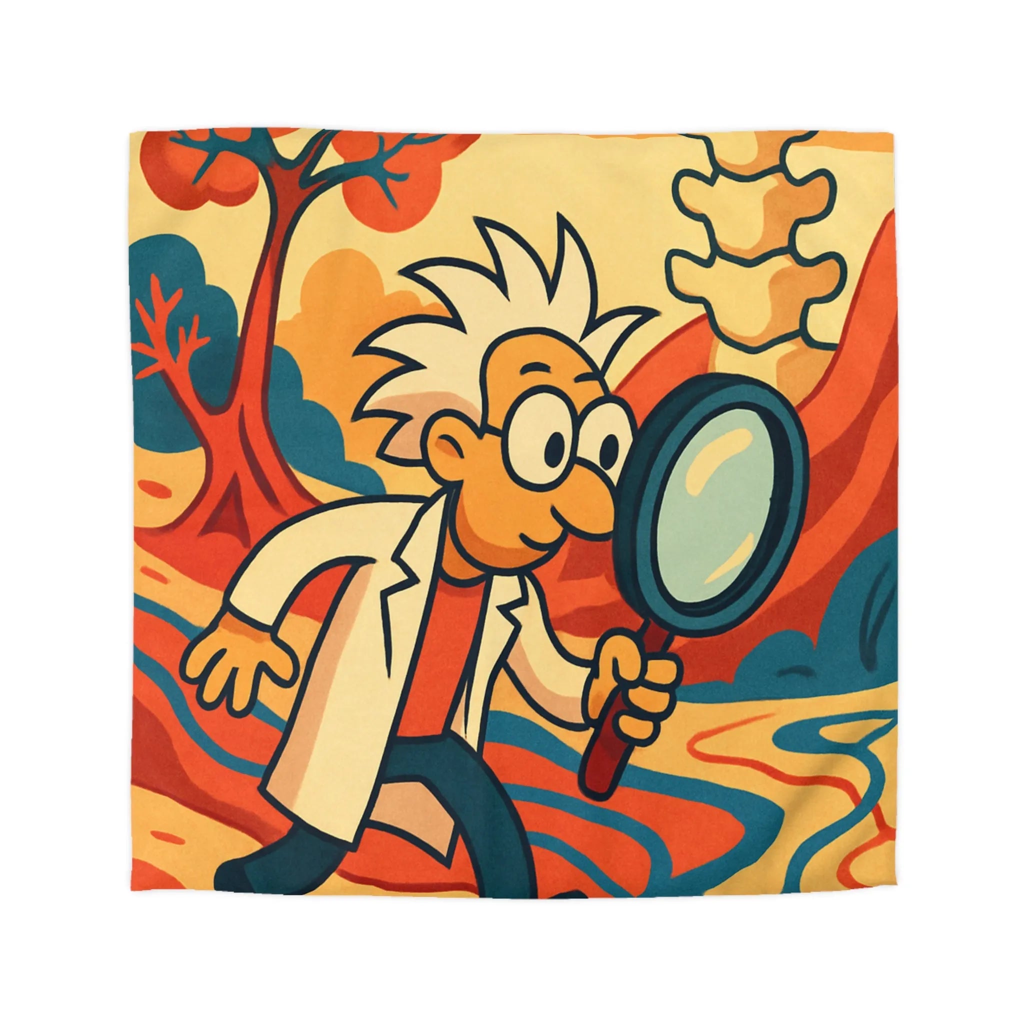 Housse de couette ludique avec personnage scientifique explorant un paysage naturel coloré