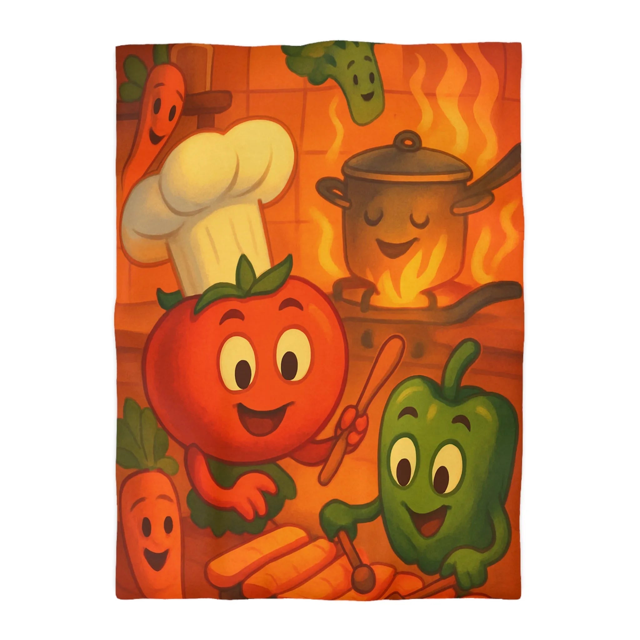 Housse de couette illustrée avec légumes adorables jouant dans une cuisine animée orangée