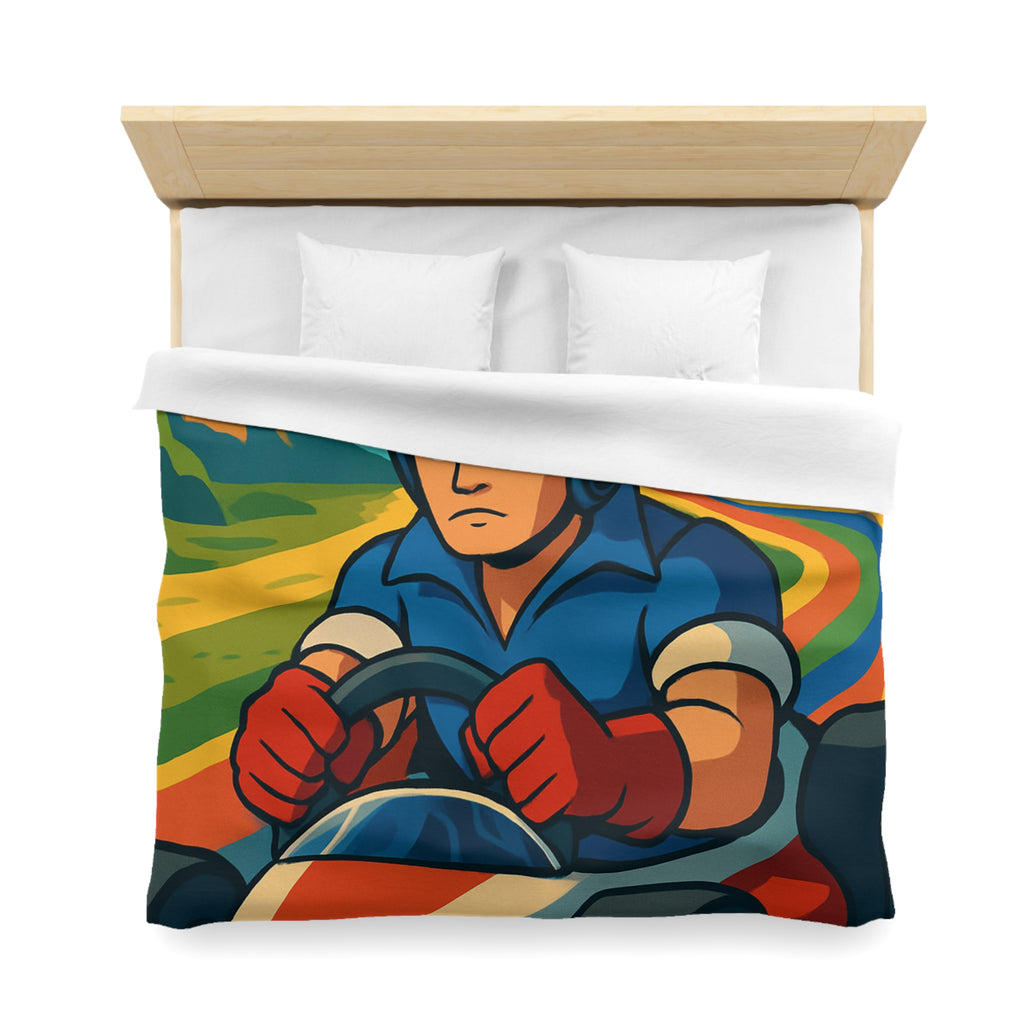 Housse de couette rétro colorée avec pilote de karting sous un arc-en-ciel vibrant