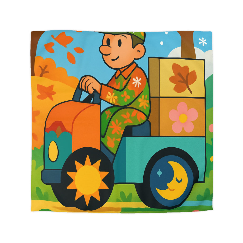 Housse de Couette Paisible Illustrant un Paysage Automnal avec Motifs Floraux et Naturels