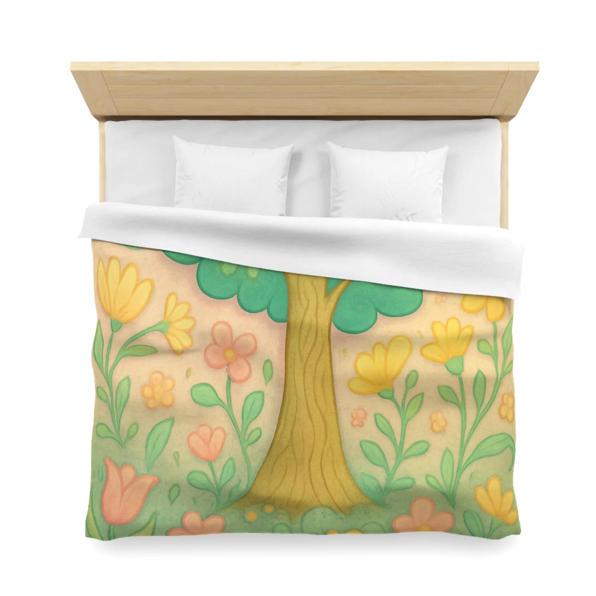 Housse de couette illustrée d'arbre fleuri et printemps avec couleurs douces pour chambre