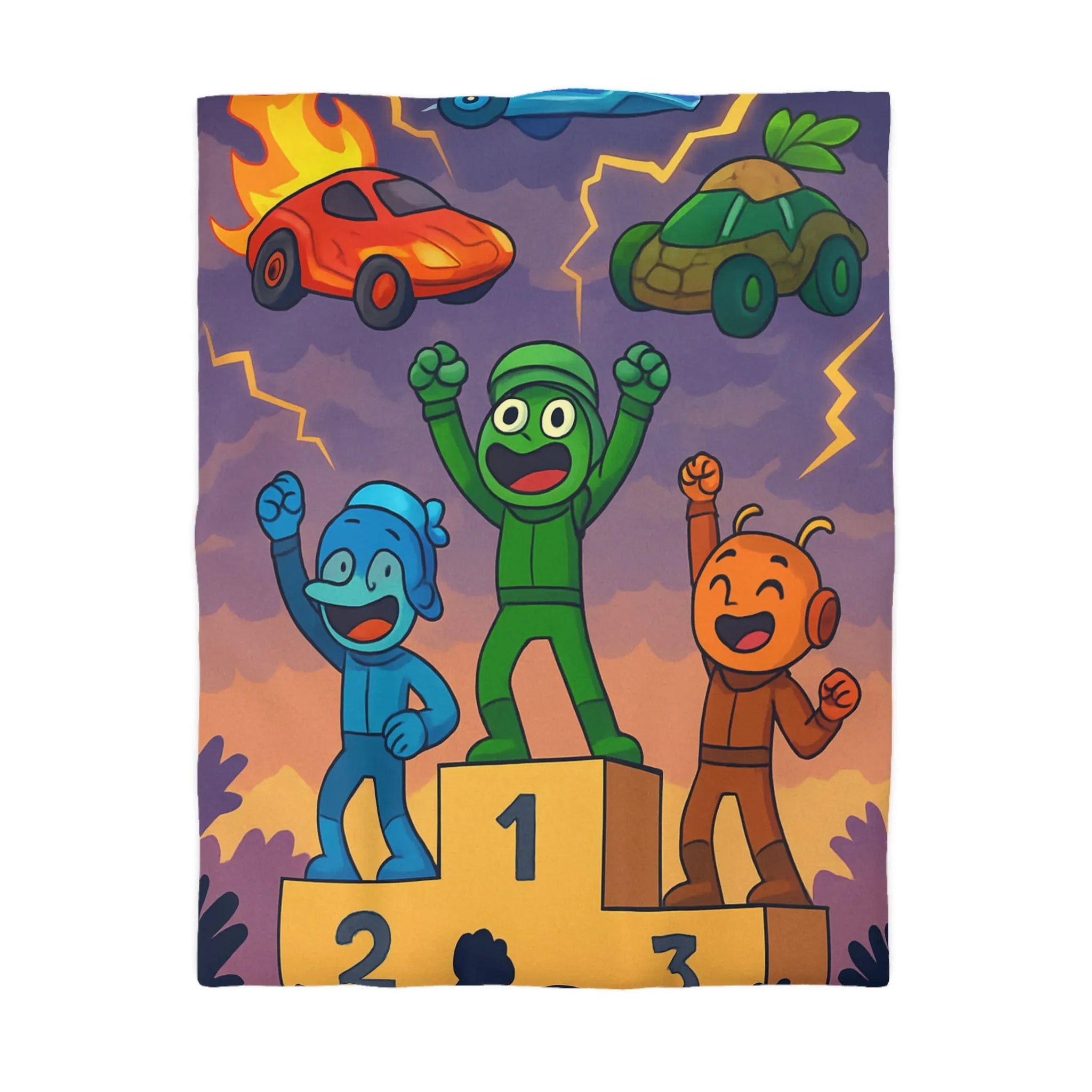 Housse de couette colorée avec podium de victoire et voitures exotiques dessinées