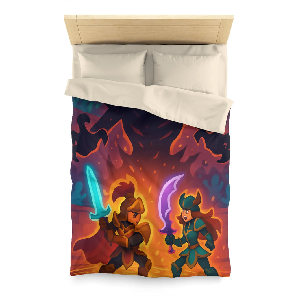 Housse de couette avec illustration fantasy de chevaliers affrontant ombre menaçante au théâtre