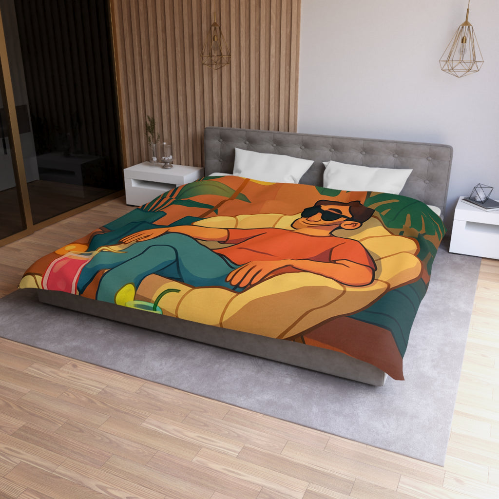 Housse de Couette Tropicale Design Moderne avec Feuilles et Boissons Colorées Style Rétro