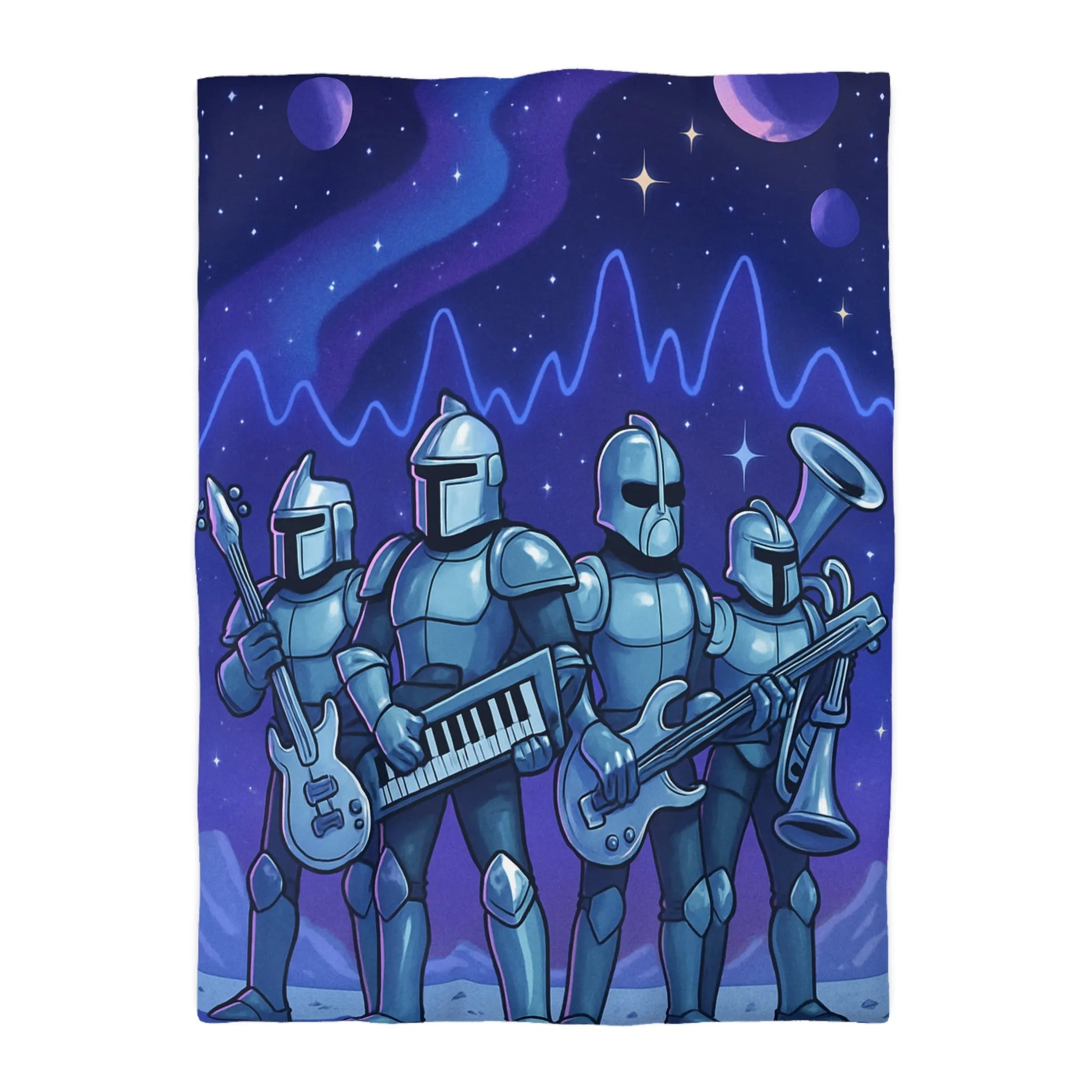 Housse de couette futuriste avec chevaliers musiciens sur fond spatial étoilé galactique