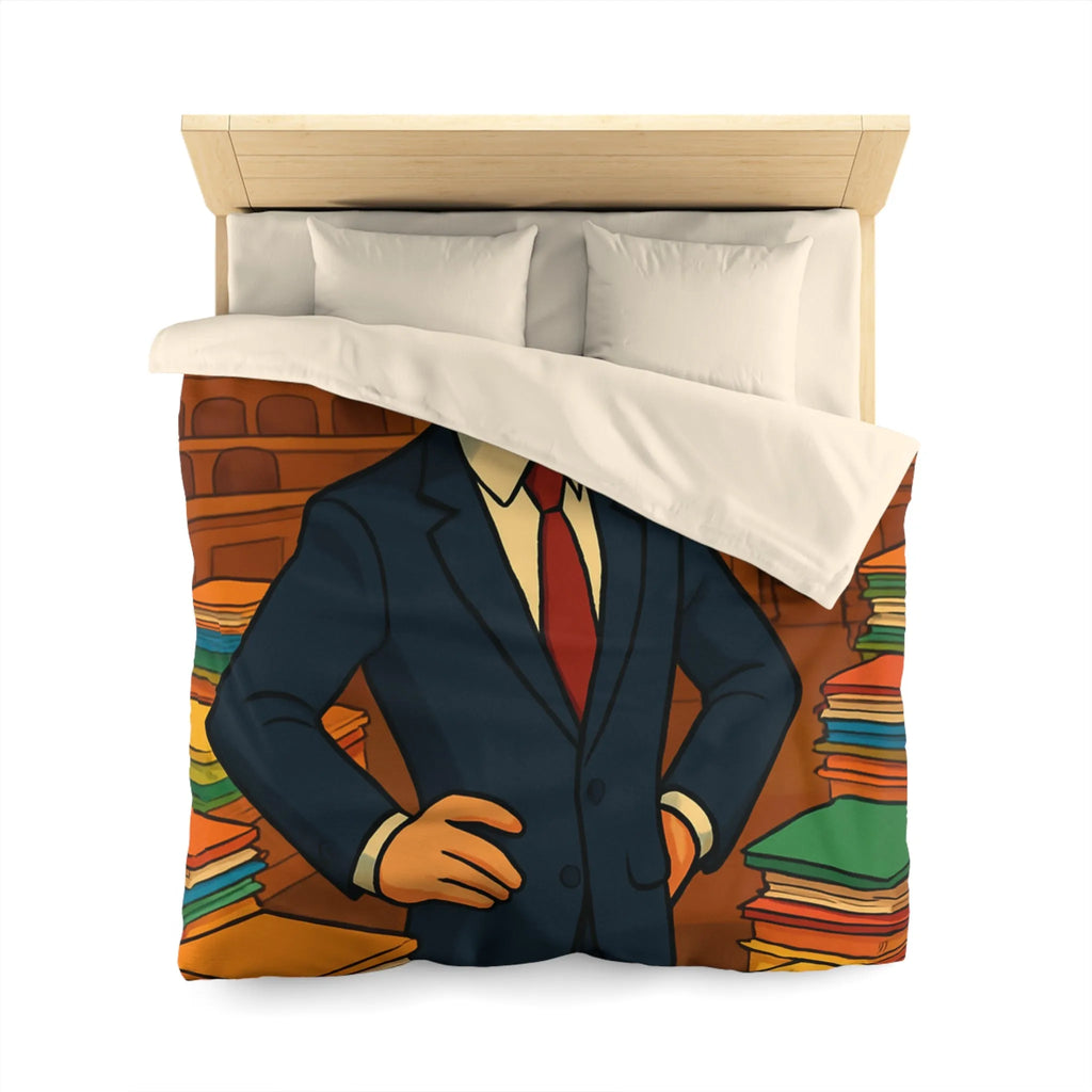 Élégante housse de couette rétro, piles de dossiers colorés, personnage confiant et distingué