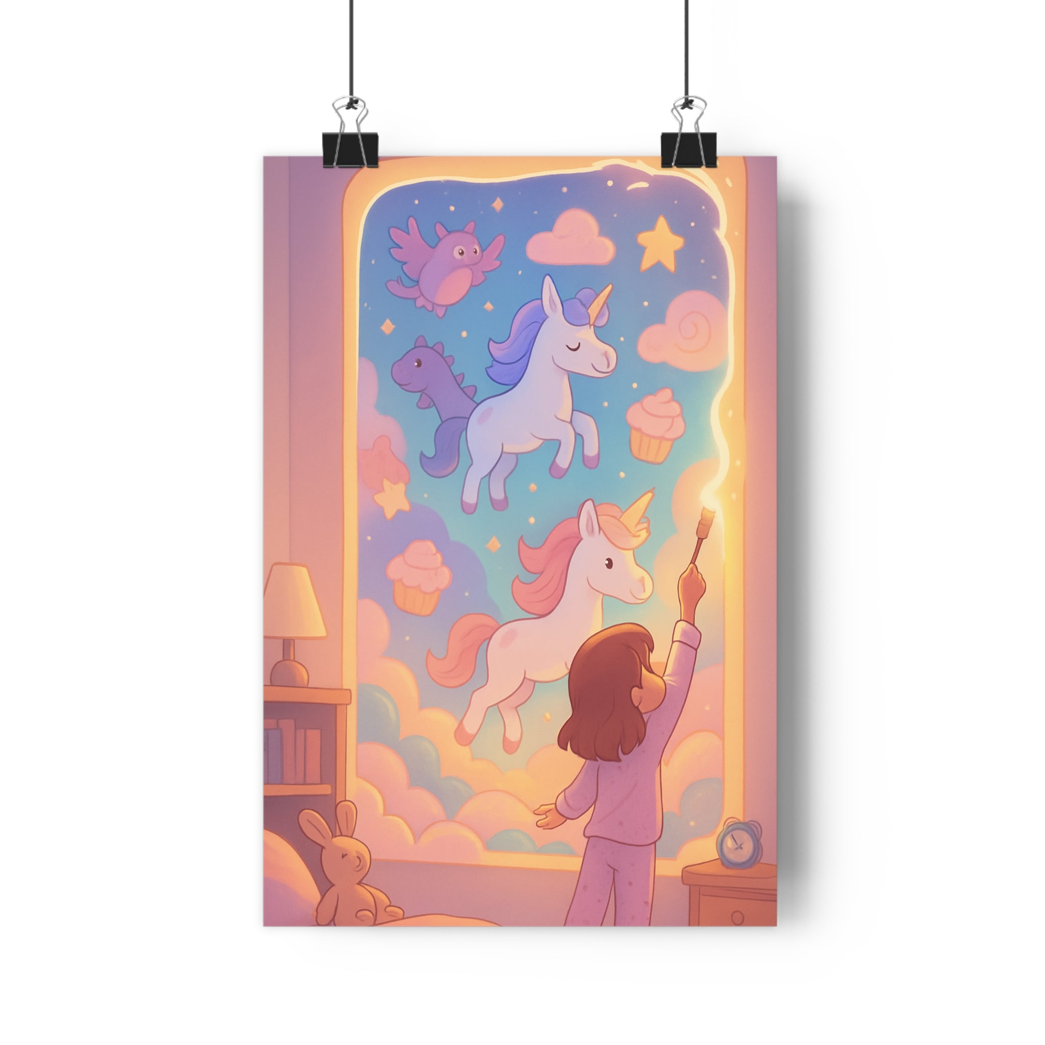 Poster décoratif féérique pastel doux chambre enfant licorne hibou rêveur magique rose bleu jaune