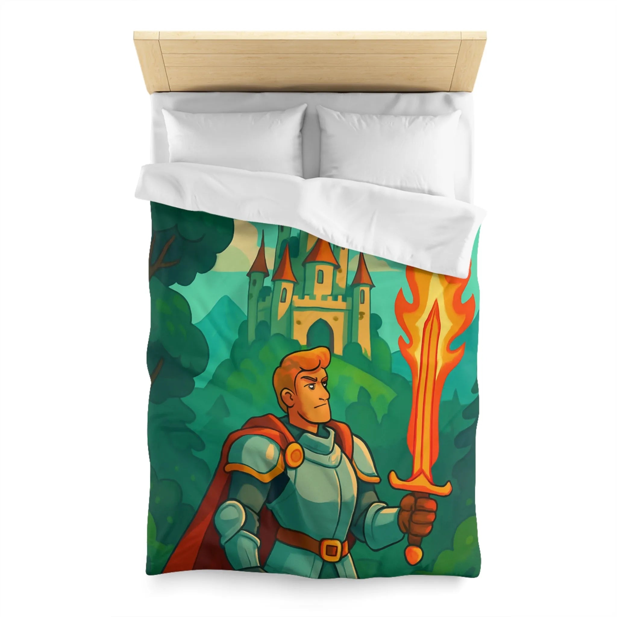Housse de couette chevalier et dragon, ambiance médiévale fantastique aux couleurs vibrantes