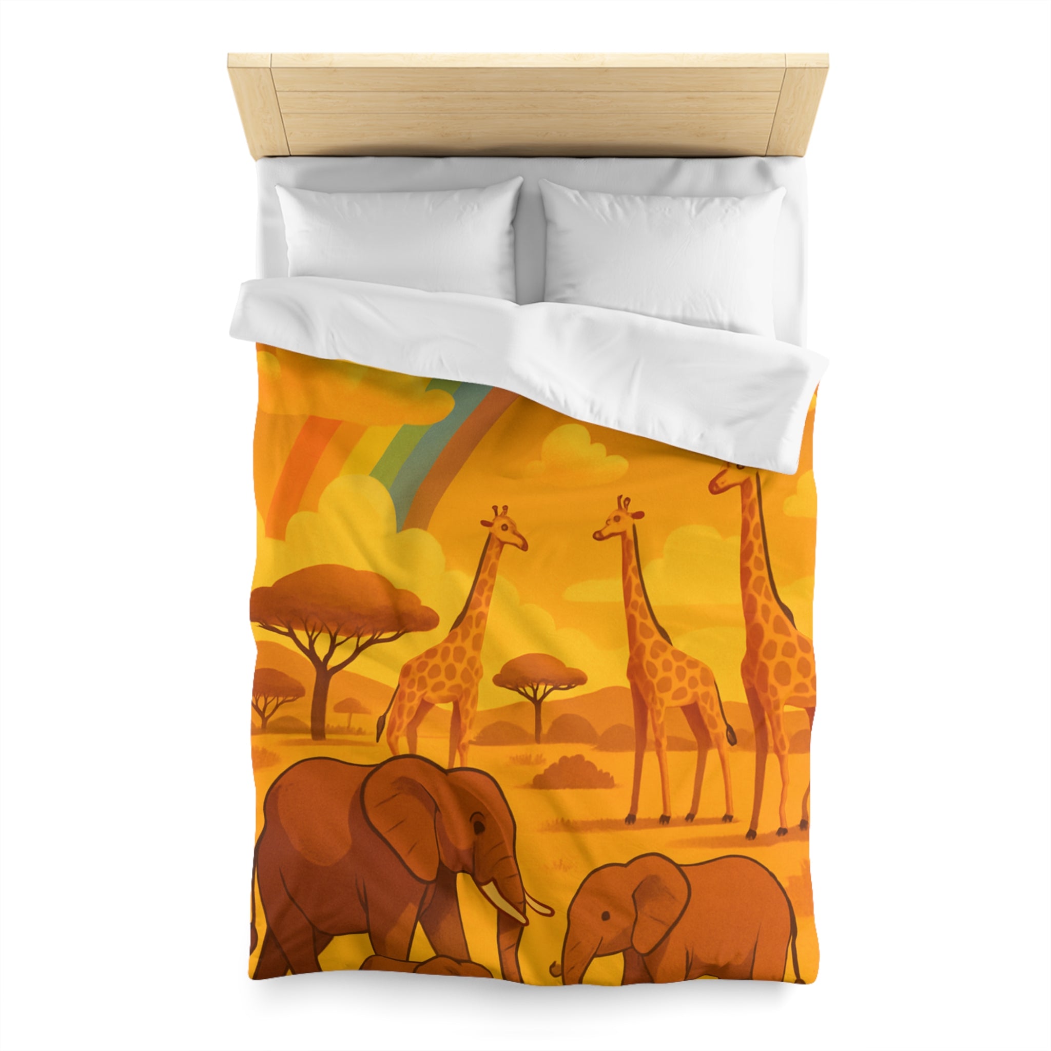 Housse de couette safari enfant avec éléphants, girafes et arc-en-ciel vibrant